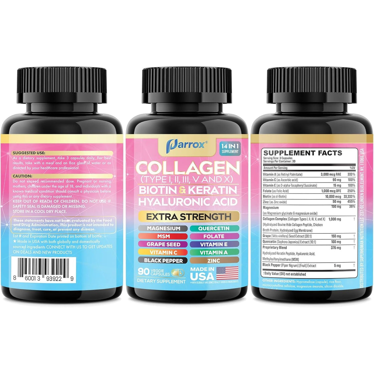 Collagen Peptides Types I, II, III, V & X, MCG Biotin, Keratin, Hyaluronic Acid, MSM, Zinc, Grape Seed Extract, Quercetin, Vitamin A, Vitamin C, Vitamin E, Magnesium, Folic Acid (90 Capsules)