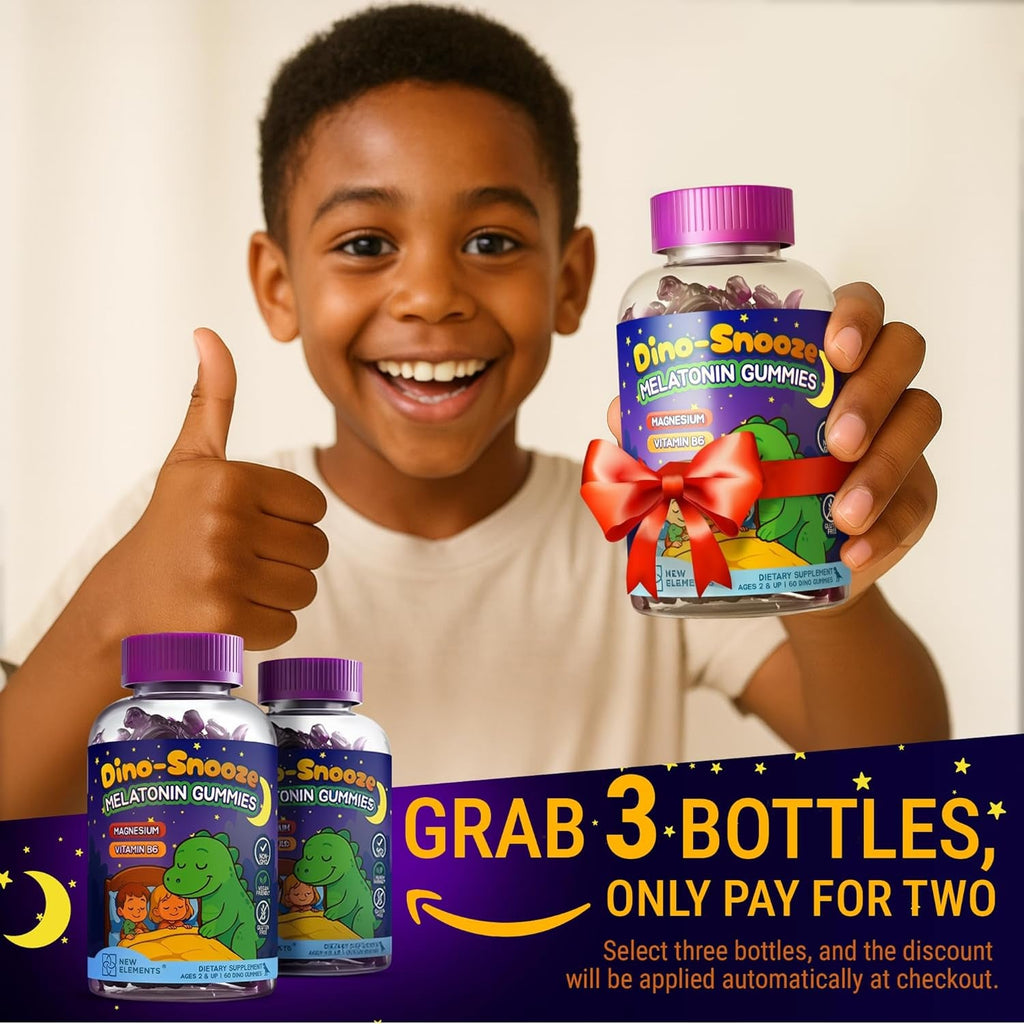 New Elements Melatonin Gummies Kids 2Mg with Magnesium Glycinate & Vitamin B6 | Sleep Gummies for Kids | Dinosaur-Shaped Sleep Support | Natural Grape Flavor | Sugar Free | Non-Gmo | Gluten Free