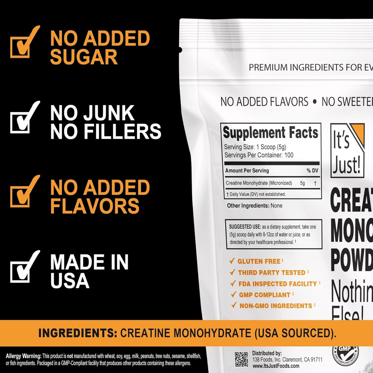 It'S Just! - Creatine Monohydrate Powder, Pure Creatine Powder, Made in USA, 3Rd Party Lab Tested, 5G per Serving, Scoop Included, No Fillers, No Added Flavor (Unflavored, 500G / 100 Servings)