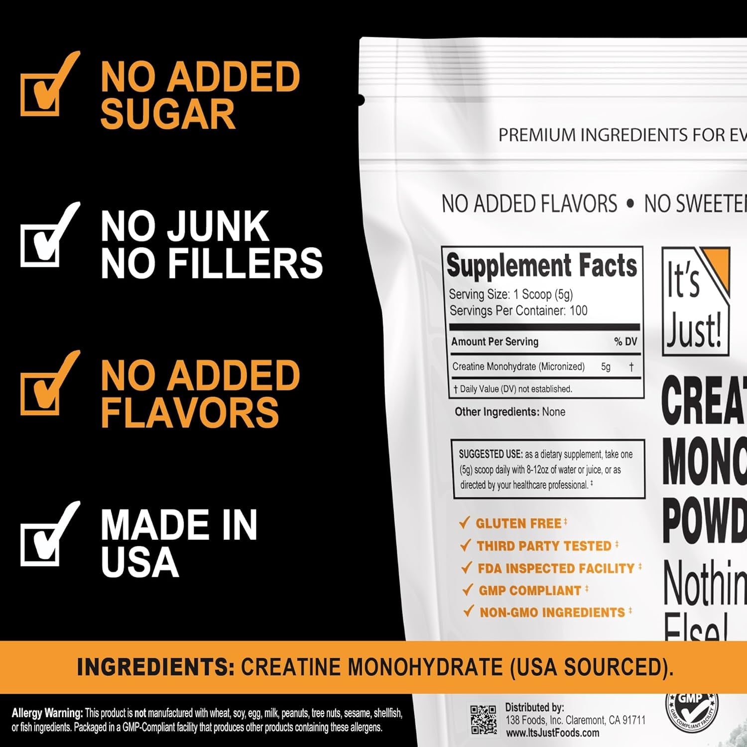 It'S Just! - Creatine Monohydrate Powder, Pure Creatine Powder, Made in USA, 3Rd Party Lab Tested, 5G per Serving, Scoop Included, No Fillers, No Added Flavor (Unflavored, 500G / 100 Servings)