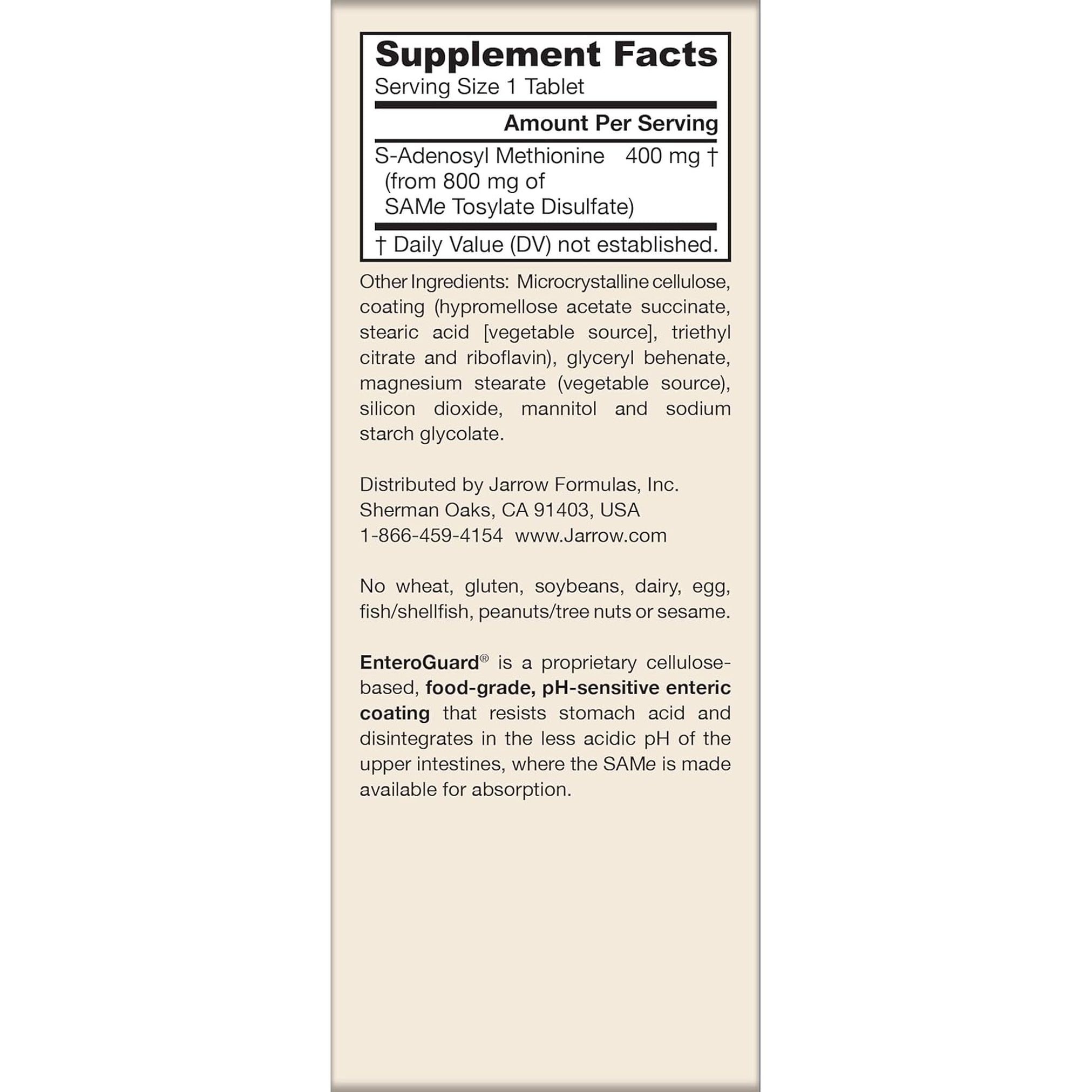 Jarrow Formulas Same Supplement 400 Mg - 60 Tablets - High Concentration of Active S,S Form - Supports Joint Health, Liver Function, Brain Metabolism, Balanced Mood & Antioxidant Defense - 60 Servings
