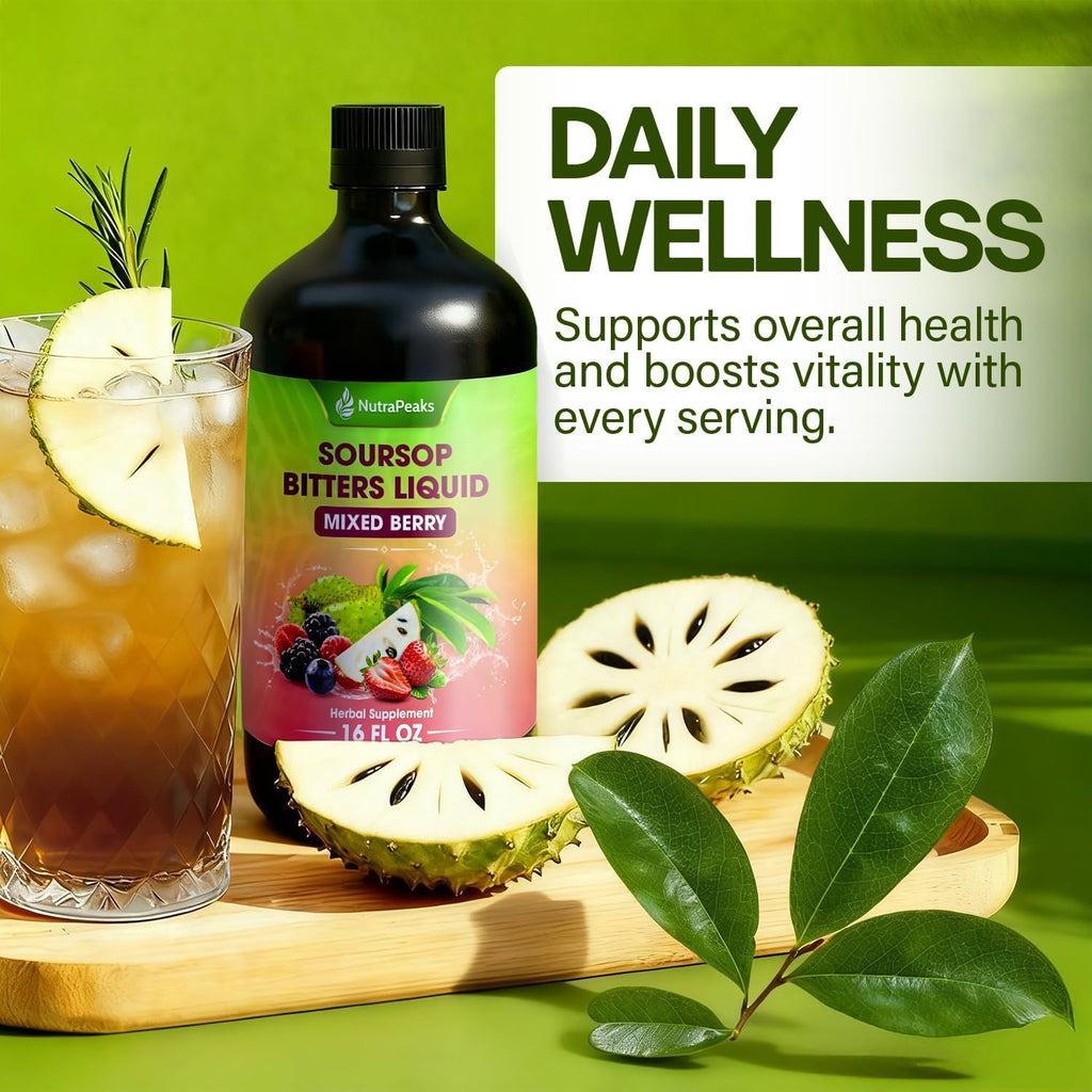 Soursop Bitters Liquid – Herbal Detox Formula with Soursop, Ginger, Turmeric & Black Seed Mixed Berry Flavor – Supports Digestive Balance & Immune Wellness – 16 Fl Oz