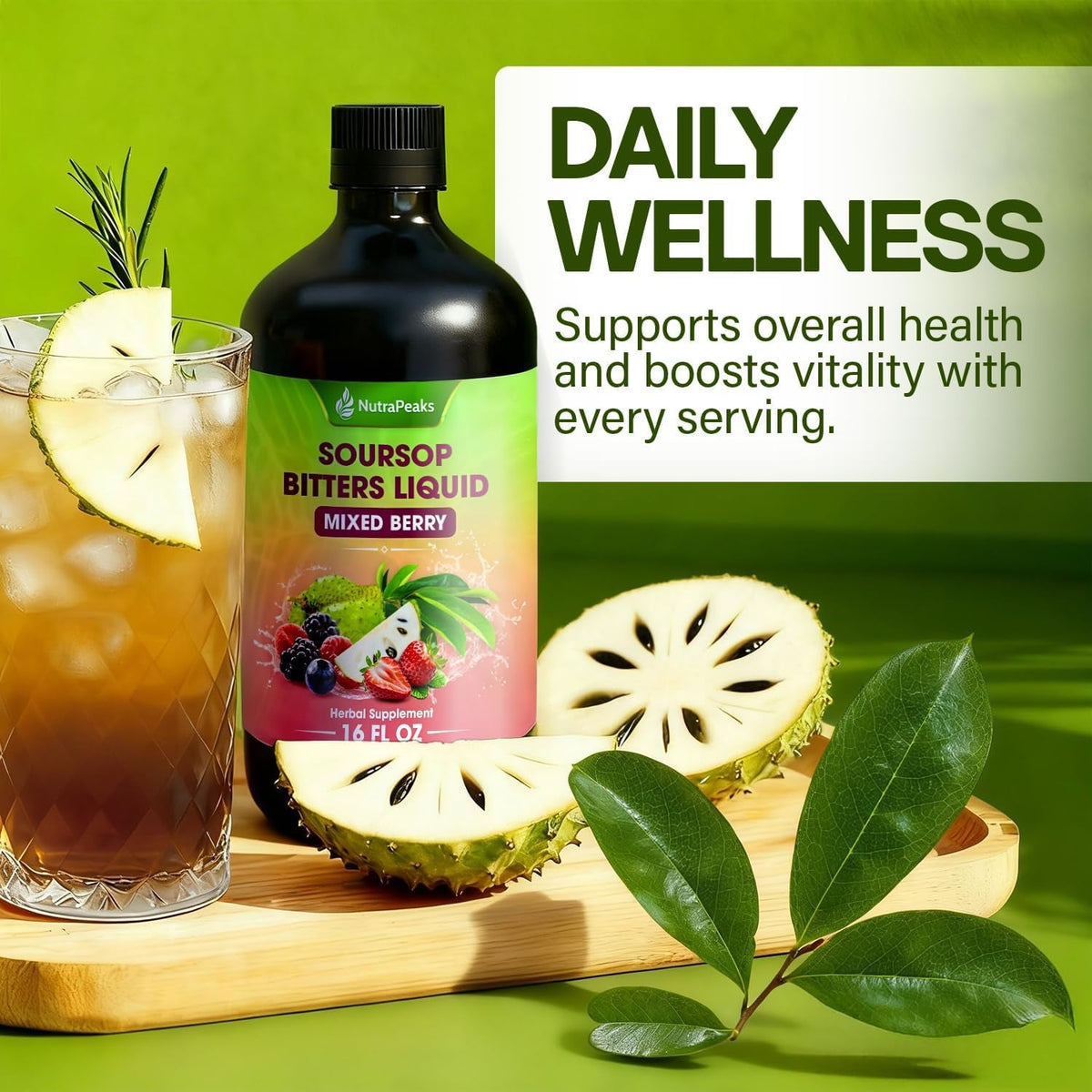 Soursop Bitters Liquid – Herbal Detox Formula with Soursop, Ginger, Turmeric & Black Seed Mixed Berry Flavor – Supports Digestive Balance & Immune Wellness – 16 Fl Oz