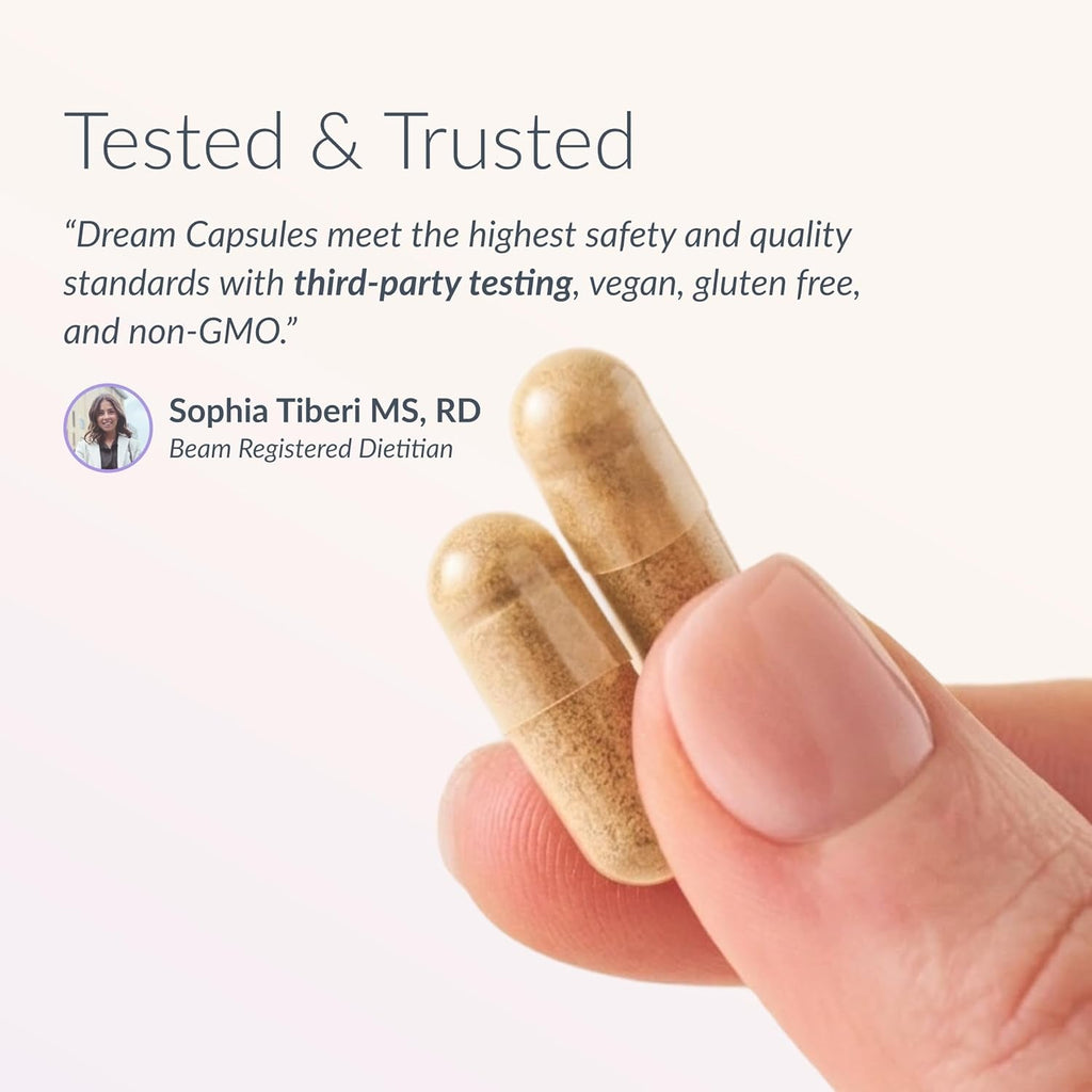 Beam Dream Sleep Capsules, L-Theanine, Apigenin, Reishi and Magnesium, Third Party Tested Natural Sleep Aid & Sleep Supplement for Deep Sleep, Relaxation and Recovery, Sleep Support, 30 Servings