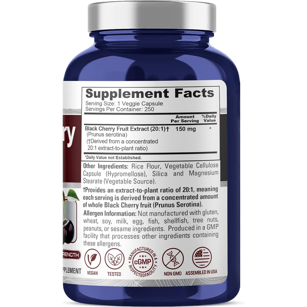 Nusapure Black Cherry Extract 150Mg 250 Veg Capsules Max Potency, Non-Gmo, Bioperine