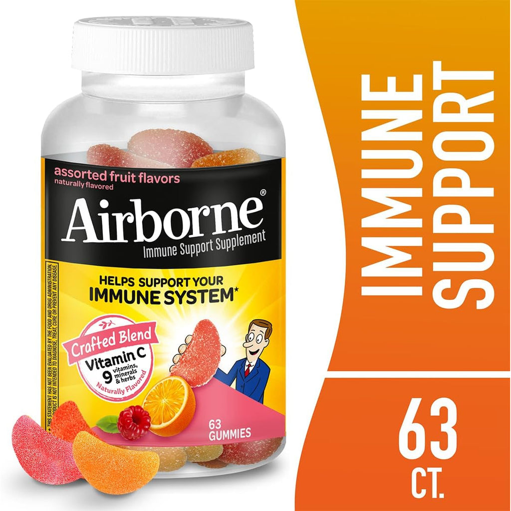 Airborne Immune Support Gummies, Assorted Fruit Flavor, 63 Ct - 750 Mg Vitamin C + Vitamins A, D & E + Zinc, Selenium, and Manganese | with Herbal Blend | Naturally Flavored