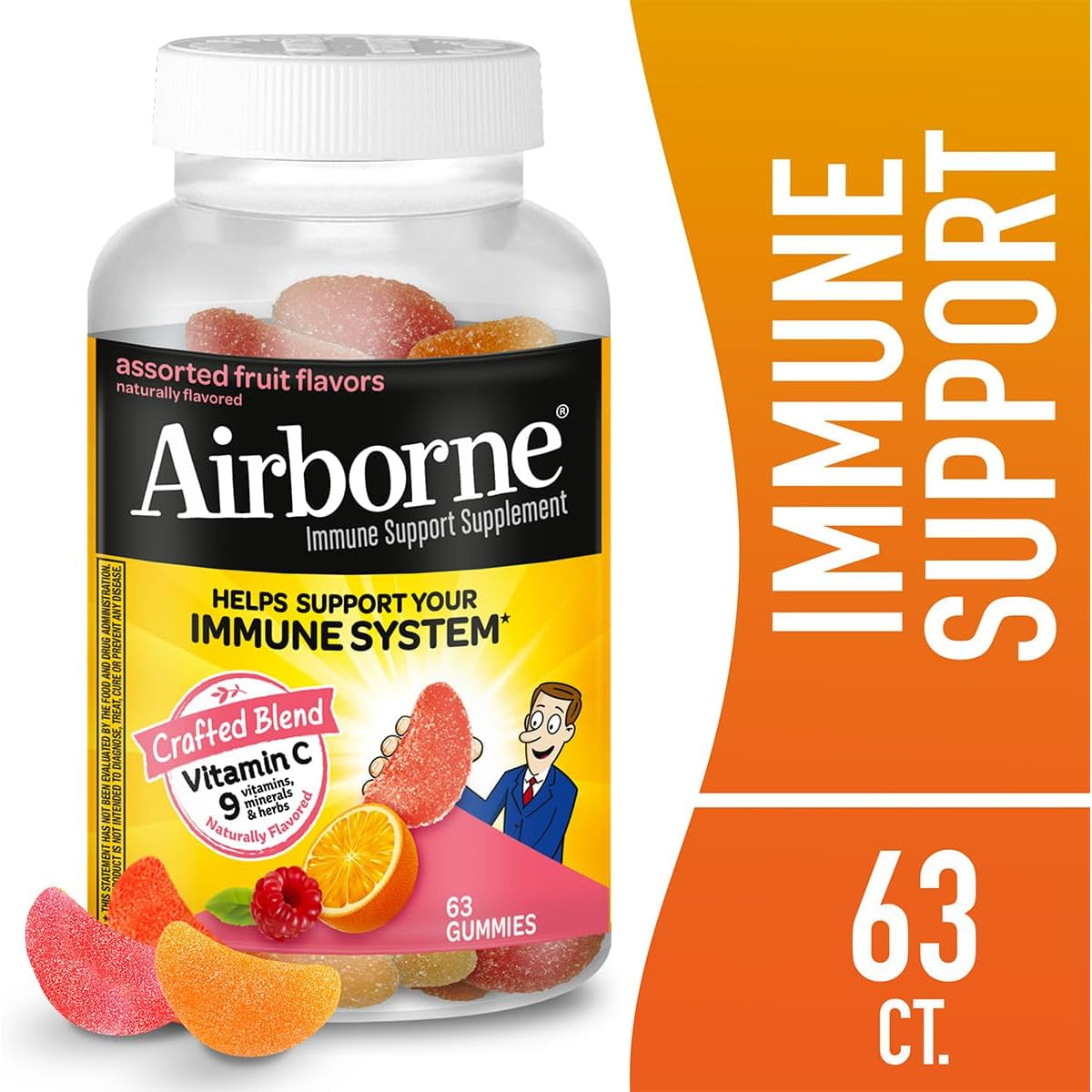 Airborne Immune Support Gummies, Assorted Fruit Flavor, 63 Ct - 750 Mg Vitamin C + Vitamins A, D & E + Zinc, Selenium, and Manganese | with Herbal Blend | Naturally Flavored