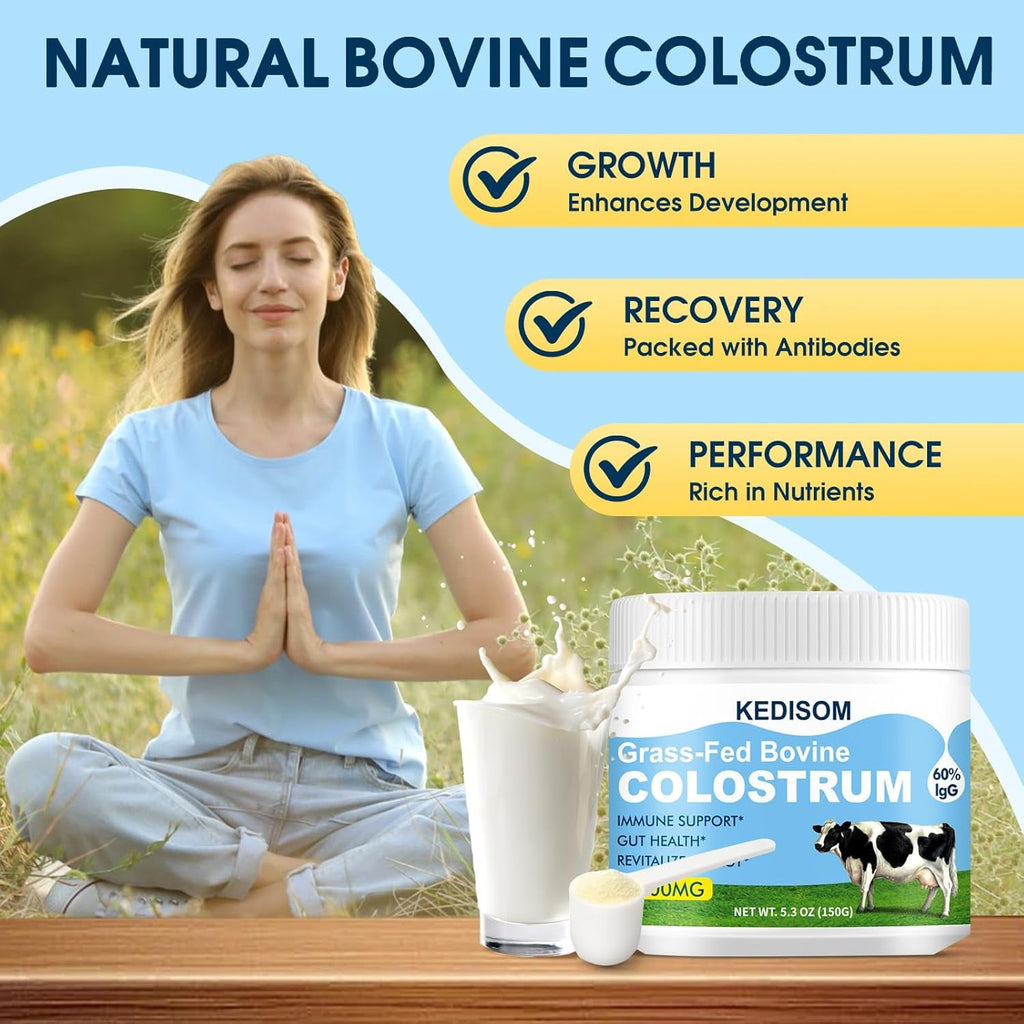 Grass-Fed Bovine Colostrum Supplement Powder - 60% High Igg 3000 Mg for Gut Health, Immune Support - Easy to Mix Natural Liposomal Colostrum Superfood, Unflavored, 50 Servings