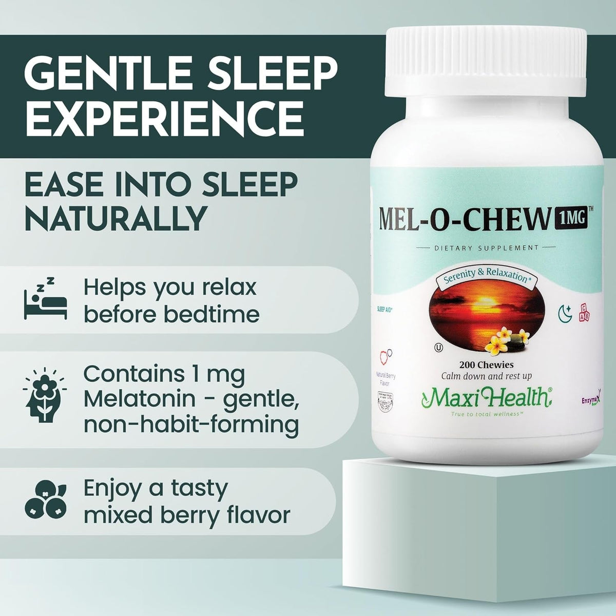 Maxi Health Melatonin 1Mg Chewable - Sleep Aid Melatonin to Encourage Natural Sleep – Non-Habit Forming Supplement with Enzymax for Fast-Acting Support Kosher (200 Units)