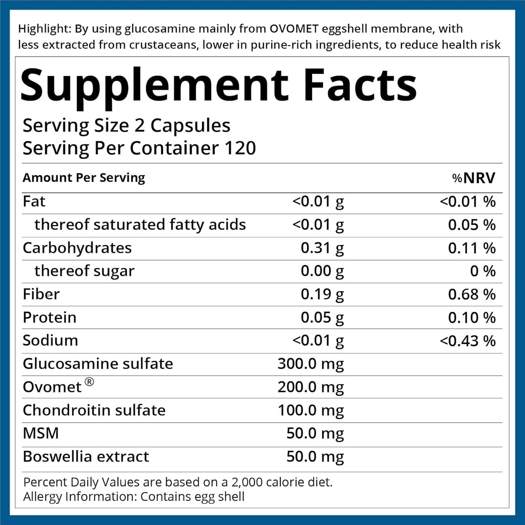 5-Day Fast-Acting Glucosamine Chondroitin MSM - Joint Health Supplement with OVOMET Eggshell Membrane & Boswellia, Support Joint Comfort, Cartilage, Strength & Flexibility - Made in Germany, 120Ct