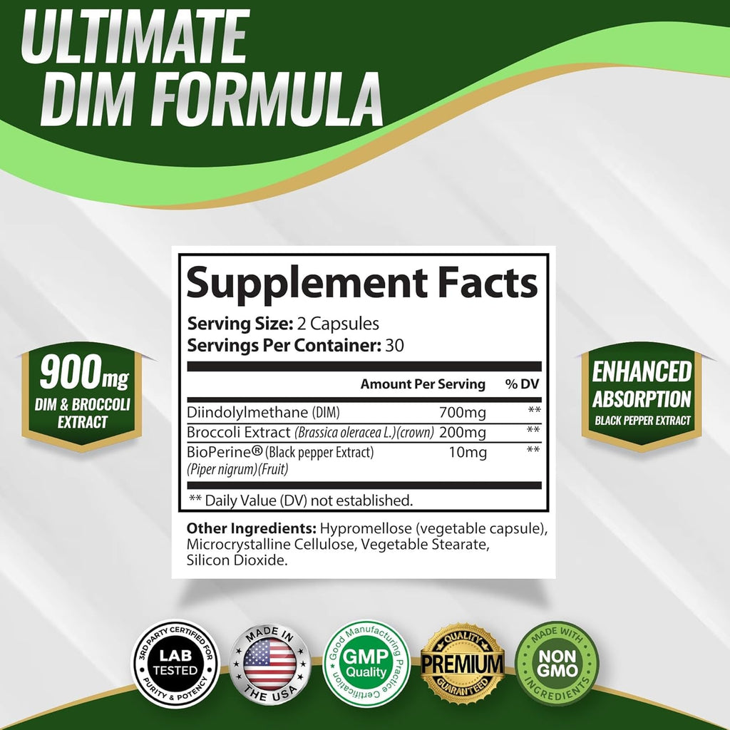 Dim Supplement 910 Mg plus Bioperine Complex - Diindolylmethane for Men Women, 60 Capsules