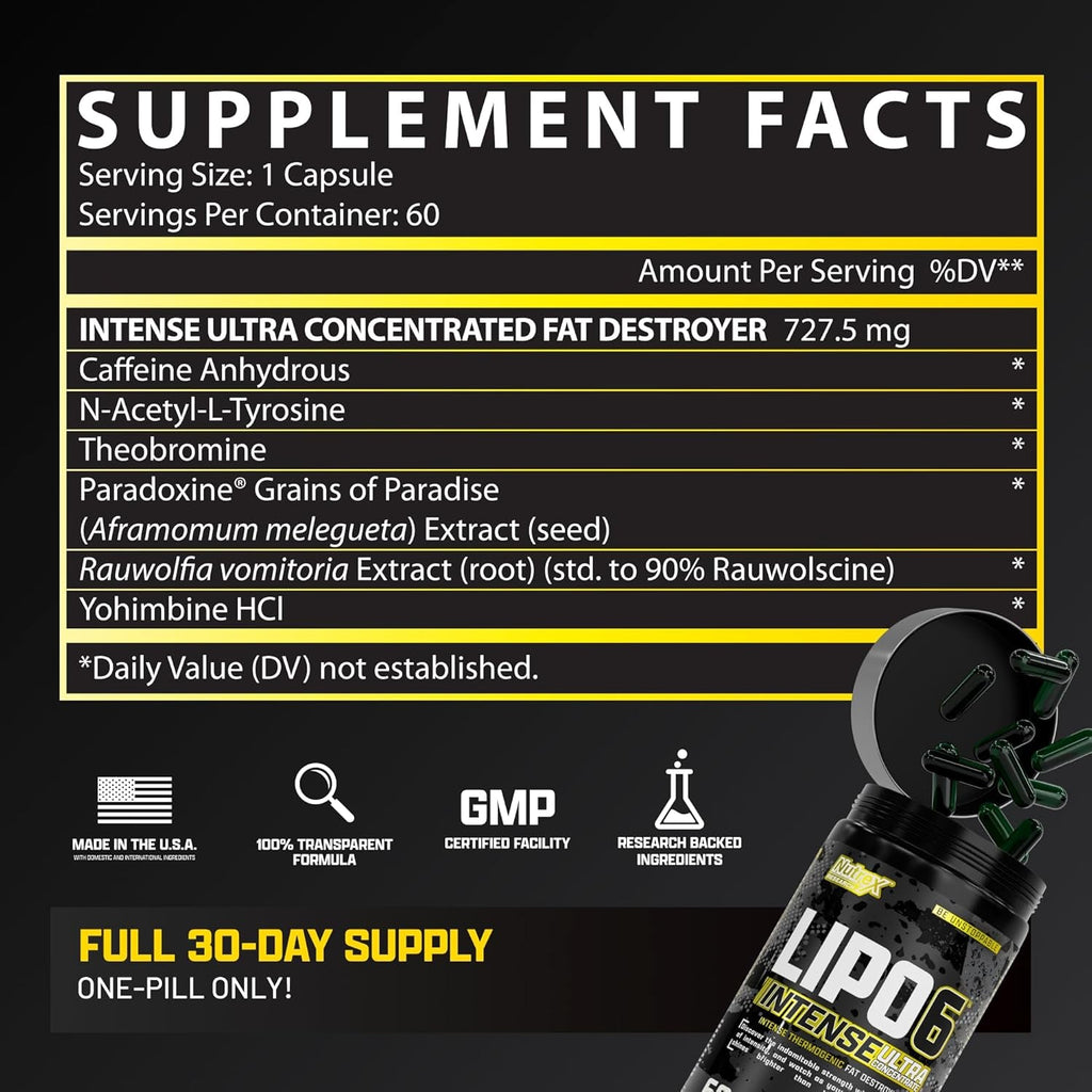 Nutrex Research Lipo6 Black Intense Ultra Concentrate Thermogenic Belly Fat Burner for Men and Women | Diet Weight Loss Supplement and Appetite Suppressant | 60 Diet Pills