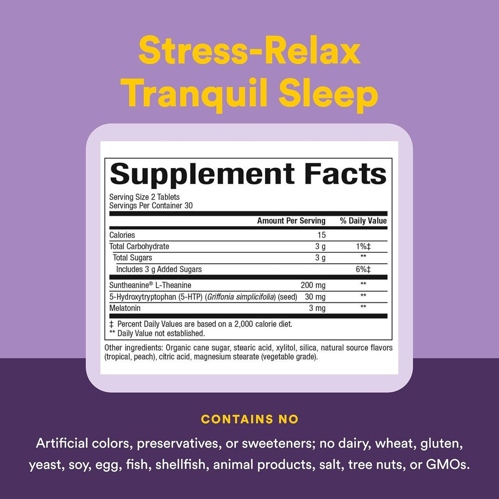 Natural Factors Tranquil Sleep - Calm Sleep Health Supplement - Relaxation Support Supplement with Melatonin & 5-HTP - 60 Chewable Tablets (30 Servings)