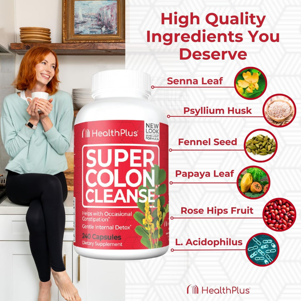 Health plus Super Colon Cleanse 60 Day Supply of Gentle Gut Cleanse Detox, Psyllium Husk, Probiotics for Constipation Relief & Digestive Support, 240 Capsules