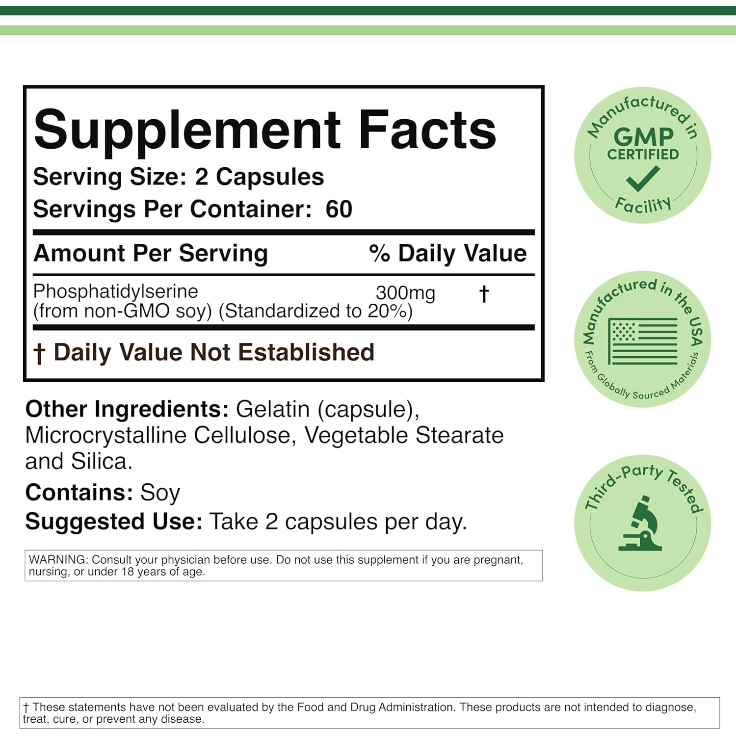 Phosphatidylserine Supplement 300Mg per Serving, 120 Capsules (Phosphatidyl Serine Complex) by Double Wood