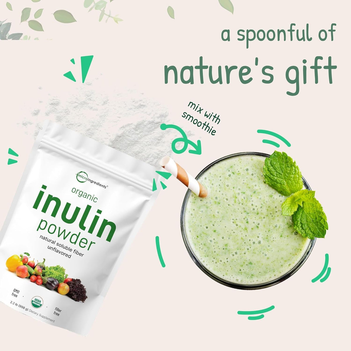 Micro Ingredients Organic Inulin FOS Fiber Powder, 2.2 Lbs | Quick Water-Soluble Prebiotic | Natural Fiber for Smoothies & Drinks | Vegan Friendly, Dissolves Clear