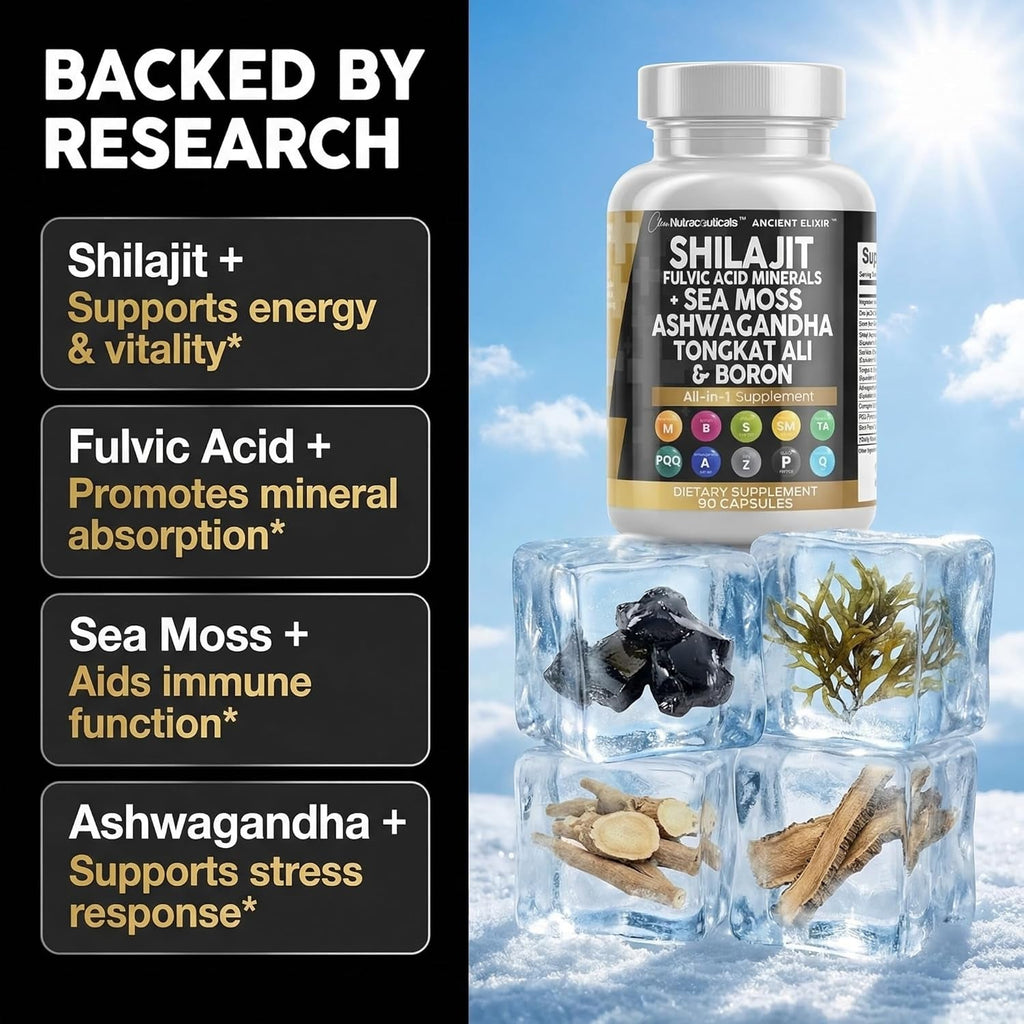 Clean Nutraceuticals Shilajit Supplement for Men with Sea Moss, Tongkat Ali, Ashwagandha, Boron, Zinc, Coq10, PQQ - Fulvic Acid Capsules - Energy Support - 90 Count - Resin, Gummy & Powder Alternative