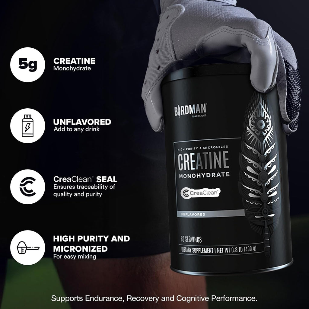 BIRDMAN Micronized Creatine Monohydrate Powder, Muscle Recovery, Caffeine Free, Creatine Pre Workout, Vegan, Post Workout, Gluten Free, Sugar Free | 80 Servings (5 Grams Each) | 0.8Lb