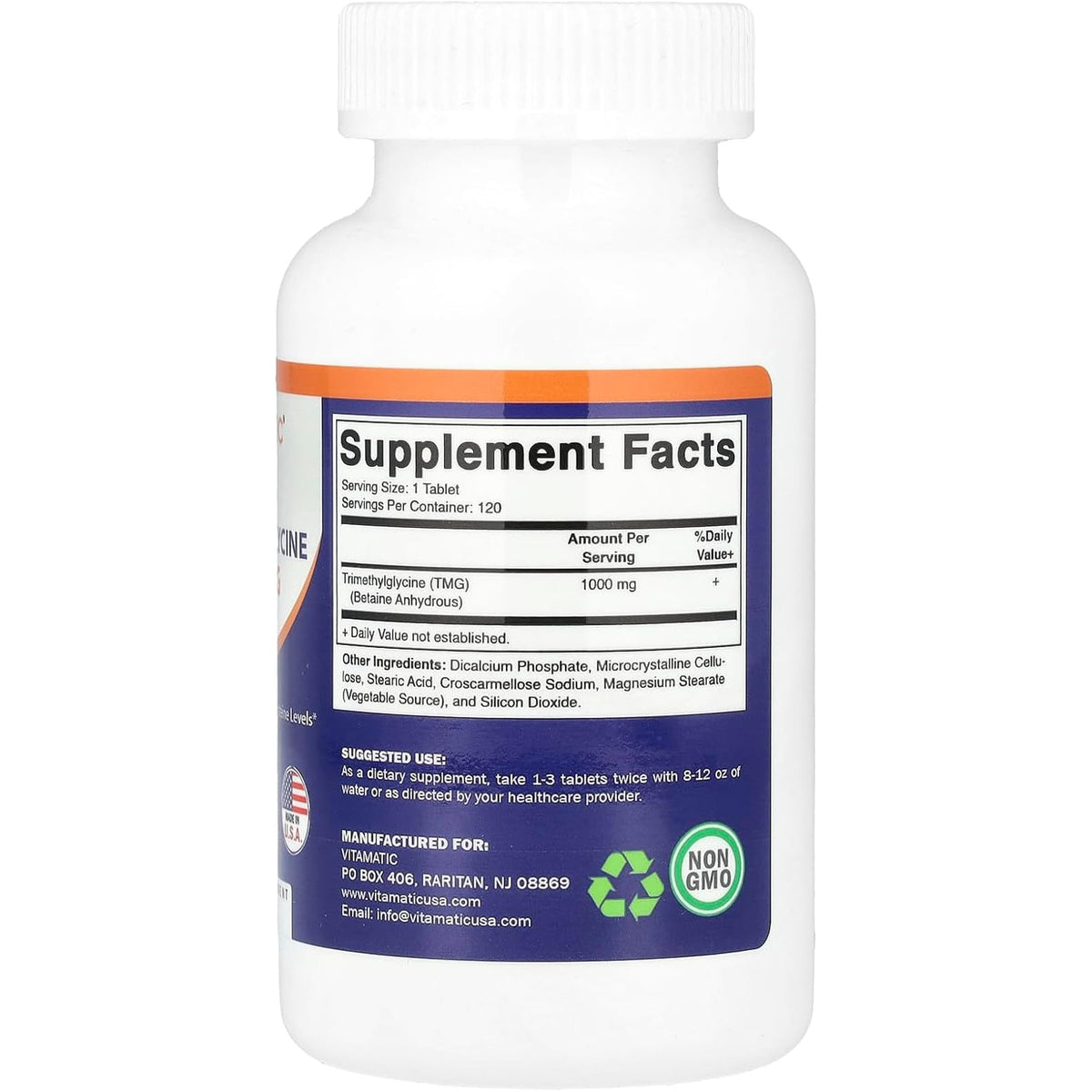 Vitamatic TMG Supplements 1000Mg - Trimethylglycine - Betaine Anhydrous - 120 Tablets - 120 Servings - Non-Gmo & Gluten Free