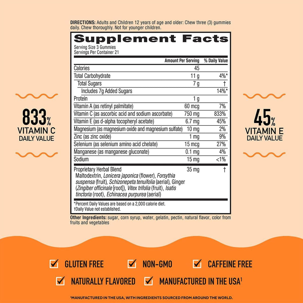 Airborne Immune Support Gummies, Assorted Fruit Flavor, 63 Ct - 750 Mg Vitamin C + Vitamins A, D & E + Zinc, Selenium, and Manganese | with Herbal Blend | Naturally Flavored