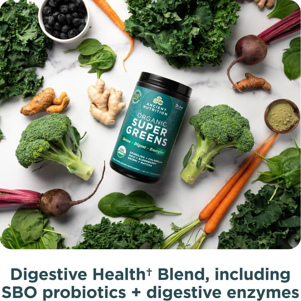 Ancient Nutrition Super Greens Powder, Organic Superfood Powder with Probiotics Made with Spirulina, Chlorella, Matcha, and Digestive Enzymes, 25 Servings, 7.05Oz