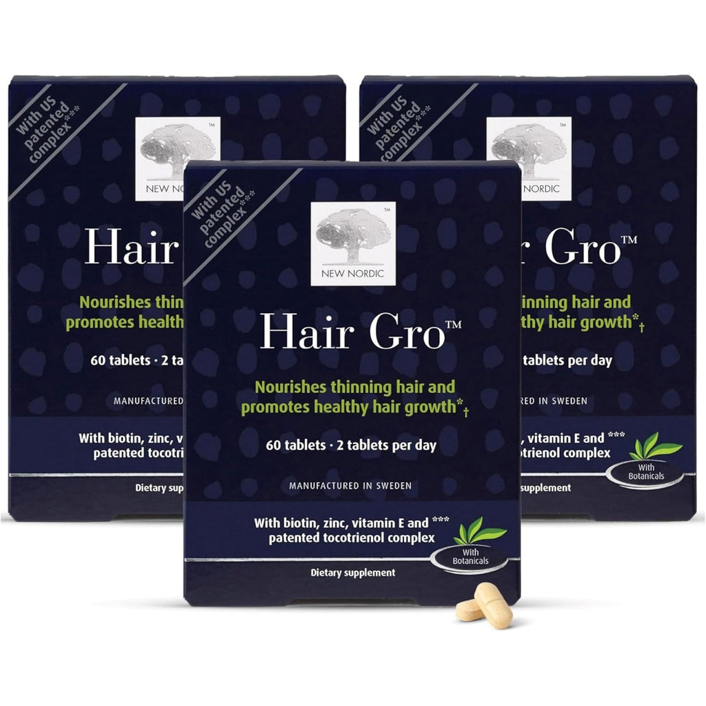 NEW NORDIC Hair GRO, Hair Growth Supplement, Biotin & Palm Fruit Extract Tocotrienols for Natural Regrowth, 60 Count (Pack of 3)