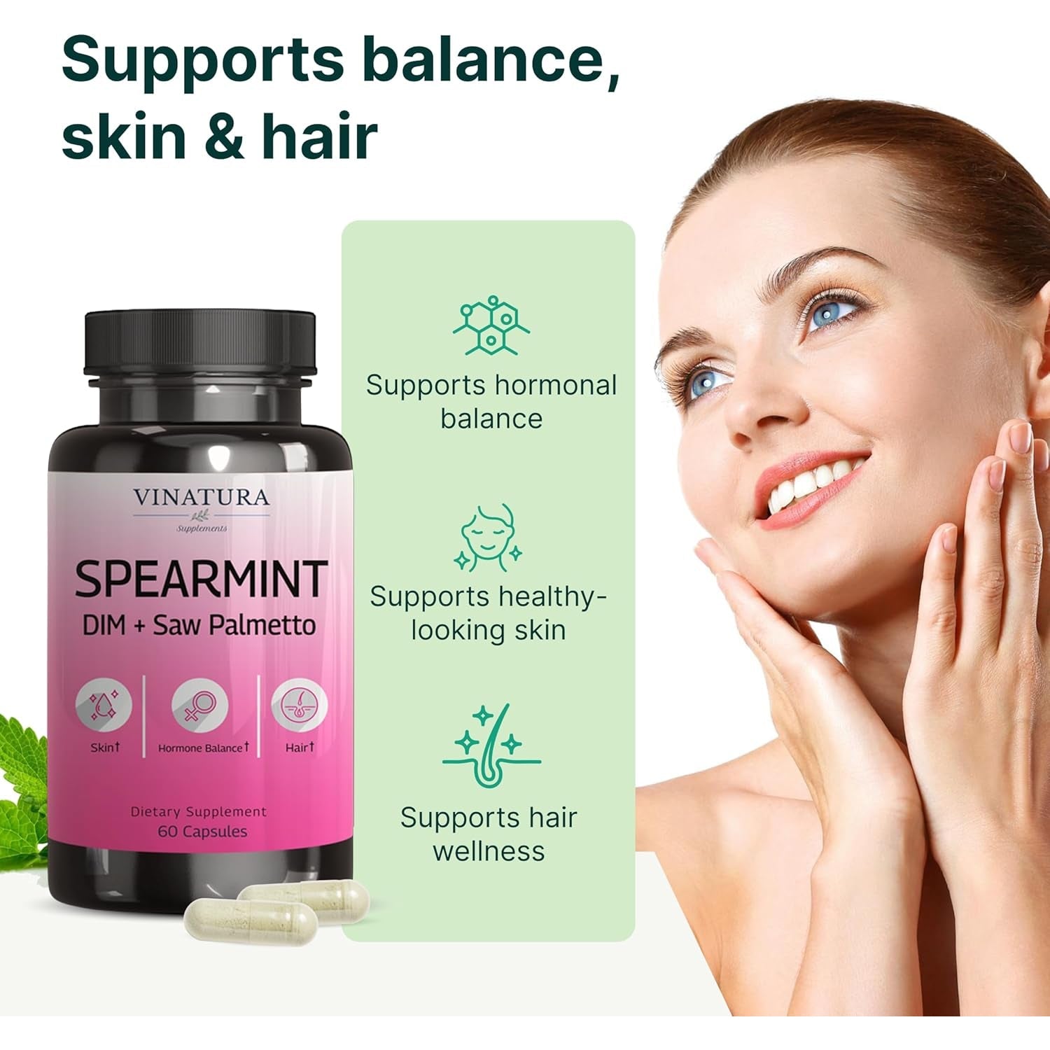 VINATURA Spearmint Capsules Supplement - Spearmint Leaf Extract Enhanced with DIM & Saw Palmetto, for Unwanted Hair, Women Health & Skin, USA Made & Tested, 60 Capsules