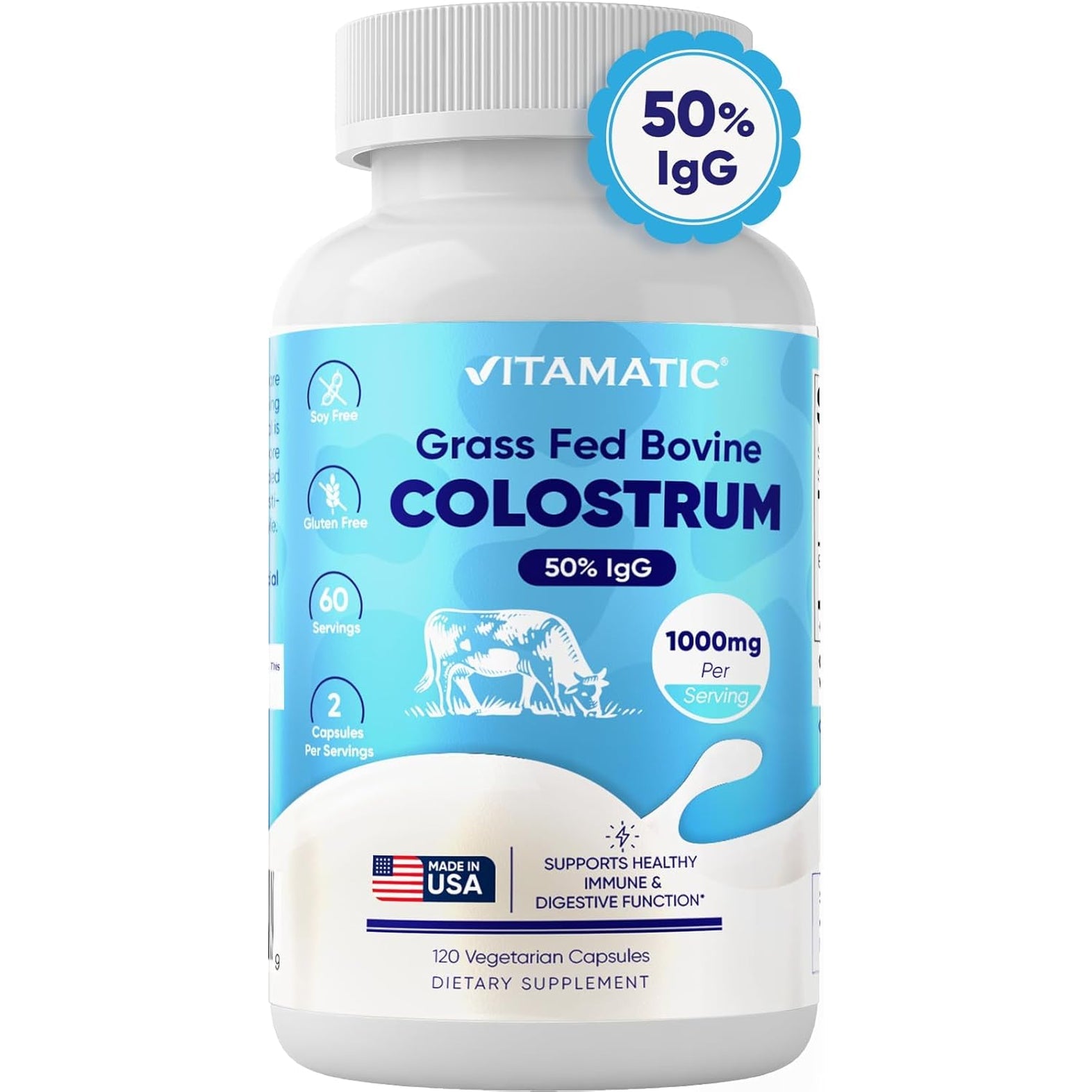 Vitamatic Bovine Colostrum Supplement 1000 Mg per Serving - 50% Highest Igg - Supplement for Gut Health, Hair Growth, Beauty, Muscle Recovery, & Immune Support - 120 Capsules
