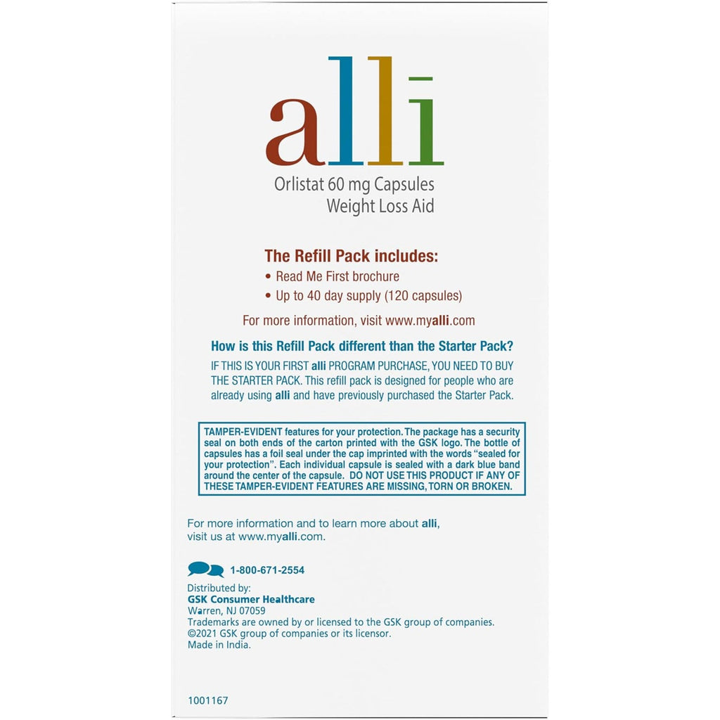 Alli Weight Loss Diet Pills, Orlistat 60 Mg Capsules, Non Prescription Weight Loss Aid, 120 Count Refill Pack