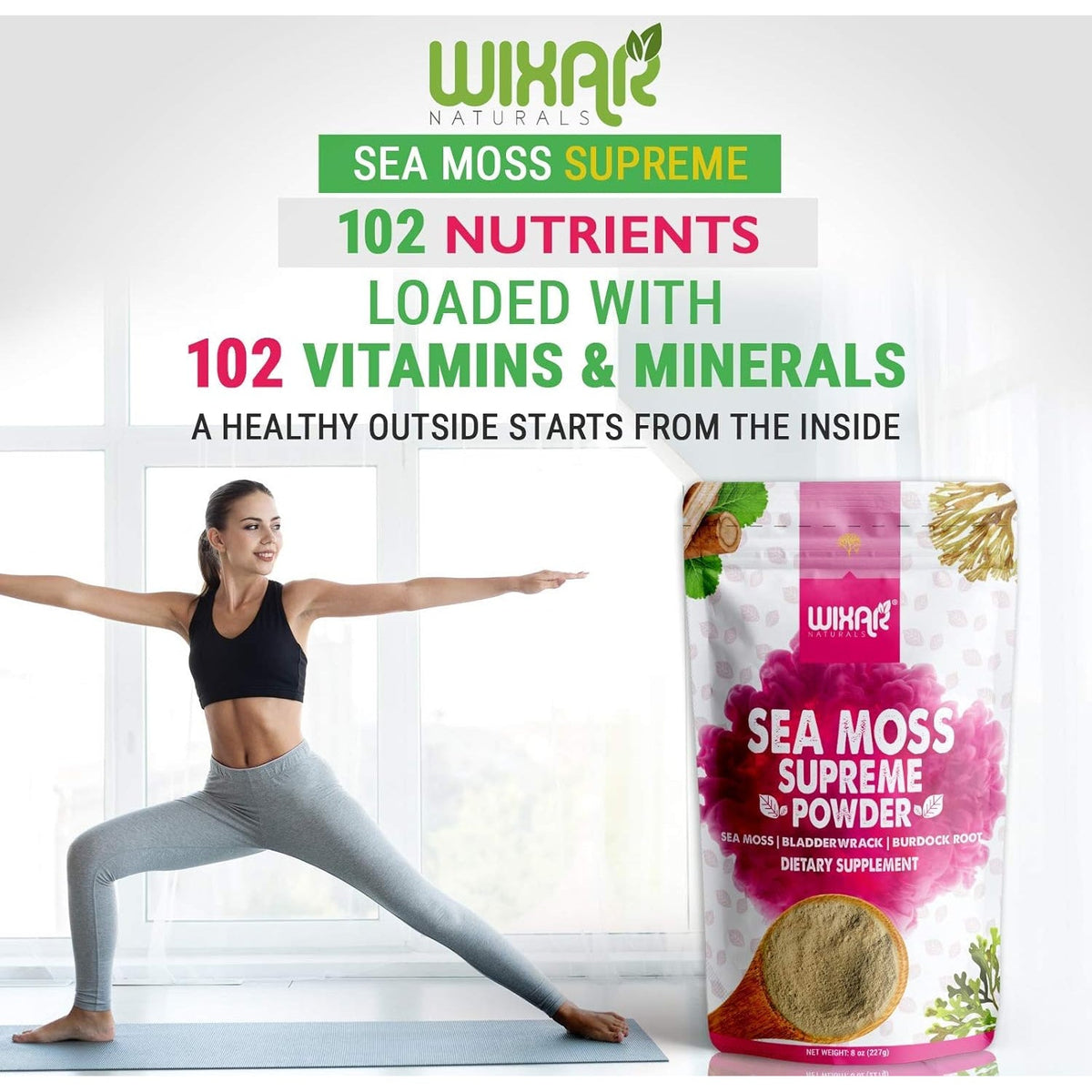 Wixar Wildcrafted Sea Moss Powder – (8 Ounces) – Natural Irish Sea Moss and Bladderwrack with Burdock Powder - Thyroid Support, Healthy Skin, Keto Detox, Joint Support Alkaline Supplements