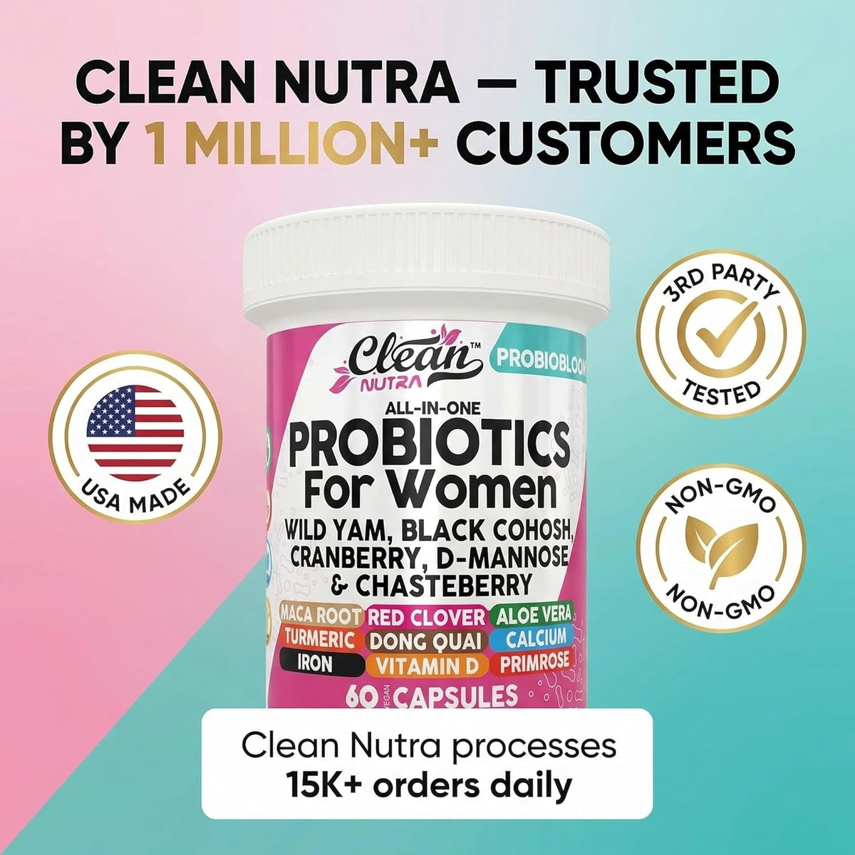 Clean Nutraceuticals Probiotics for Women with D Mannose, Cranberry Extract, Wild Yam, Chasteberry - 20 Probiotic and Prebiotic Strains - PH Balance, Womens Probiotic for Digestive Health - 60 Count