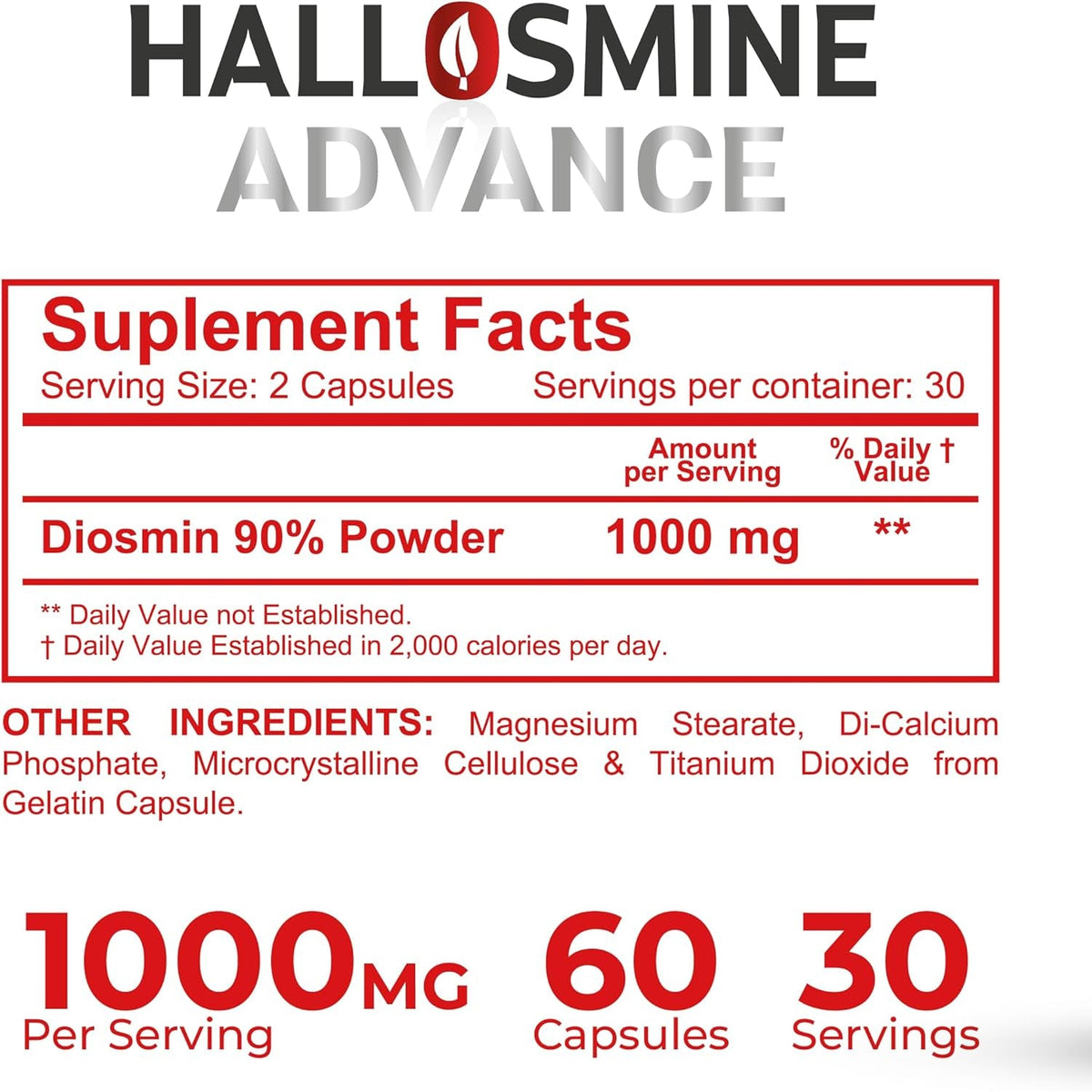 Hallosmine Advance 1000Mg Diosmin Capsules – Max Strength Circulation & Vein Support Supplement, Vascular Health, Visible Veins, Spider Veins, Blood Flow, Swelling & Heavy Legs, 60 Count
