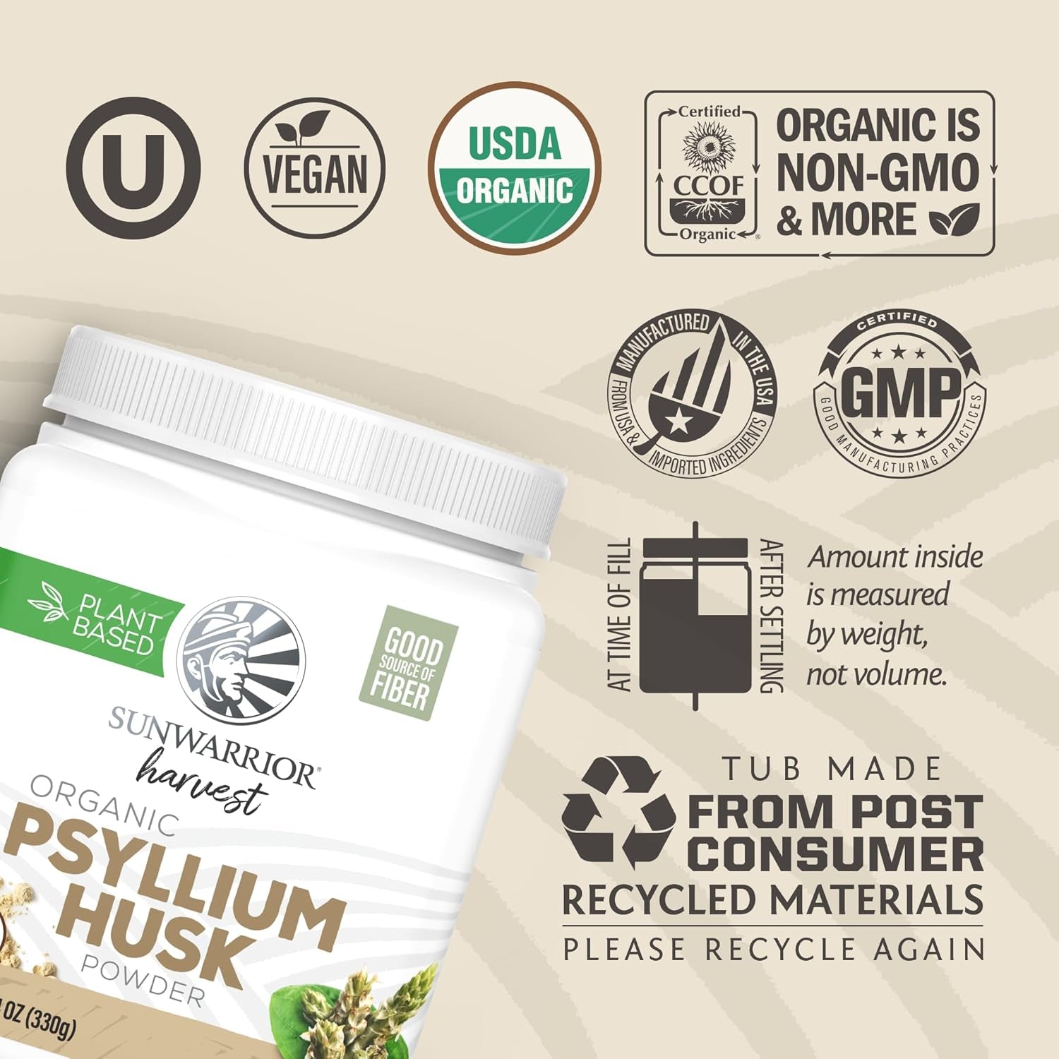 Sunwarrior Organic Psyllium Husk Powder – Plant-Based Fiber for Gut Health & Regularity – Supports Digestion & Satiety – Certified Organic, Gluten-Free, Non-Gmo, Keto-Friendly – 11.6 Oz
