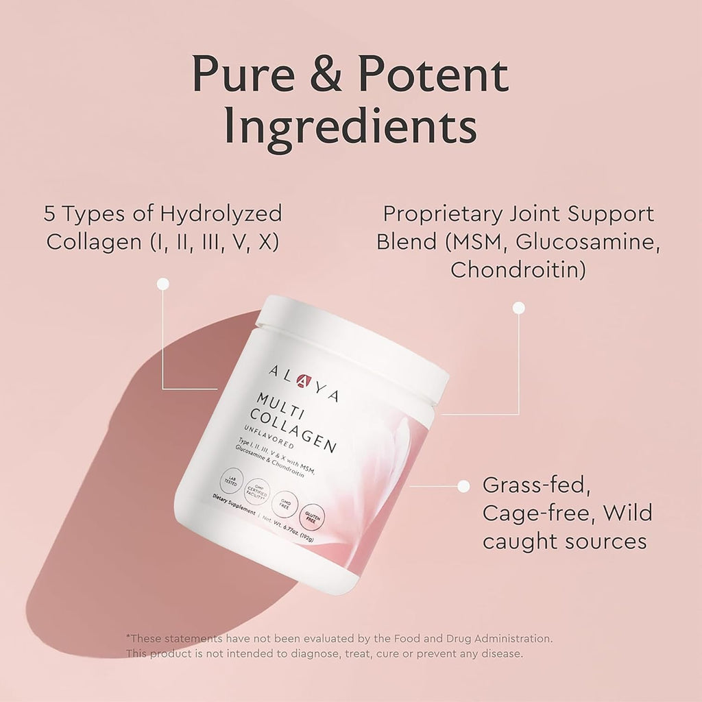 Alaya Multi Collagen Powder - Supports Hair, Skin, Nails & Bone Health for Women and Men - 5 Types Hydrolyzed Collagen Peptides Protein Powder Supplement - NSF Certified - (20 Serving)