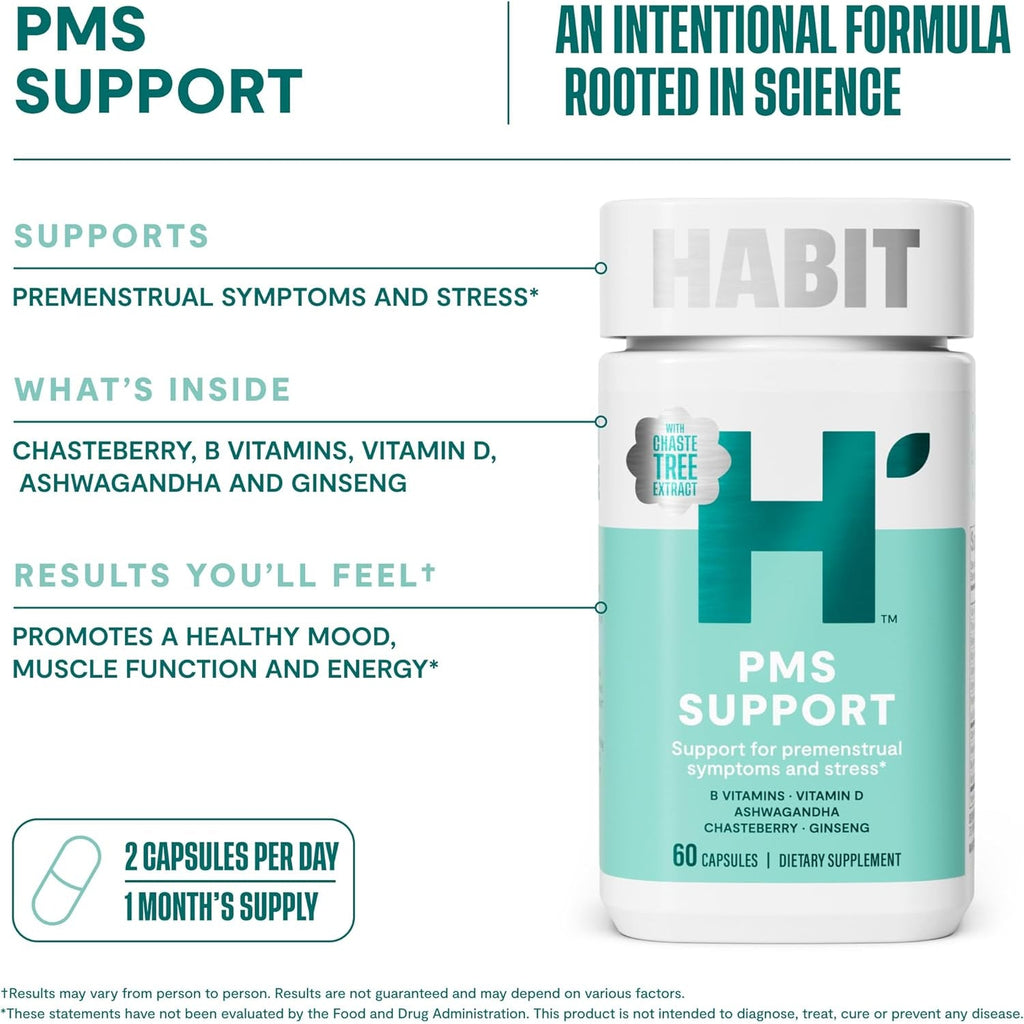 Habit PMS Support Supplement for Women (60 Capsules) - Supports Premenstrual Symptoms & Stress, Hormone Balance, Mood, B Vitamins, Vitamin D, Chasteberry, Ashwagandha, Gluten-Free, Non-Gmo (1 Pack)