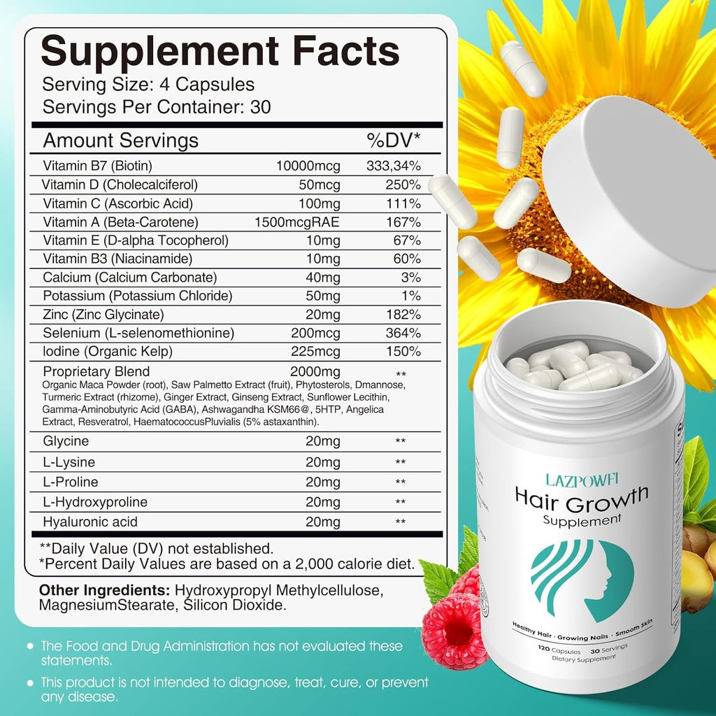 Hair Growth Products, Biotin 10000Mcg, 30-In-1 with Vitamin A, B3, C, D, E, Calcium, Hair Growth Supplement, Supports Hair & Nails Natural Growth Vitamins, for Women & Men - 30 Servings