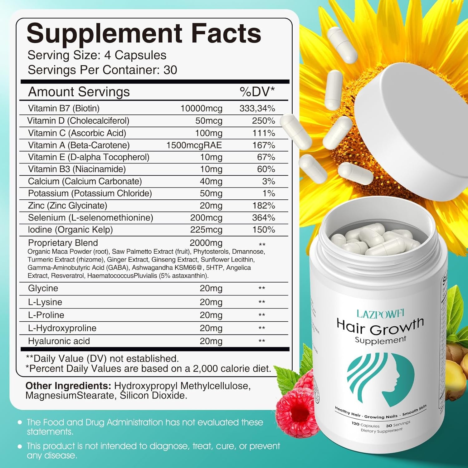 Hair Growth Products, Biotin 10000Mcg, 30-In-1 with Vitamin A, B3, C, D, E, Calcium, Hair Growth Supplement, Supports Hair & Nails Natural Growth Vitamins, for Women & Men - 30 Servings