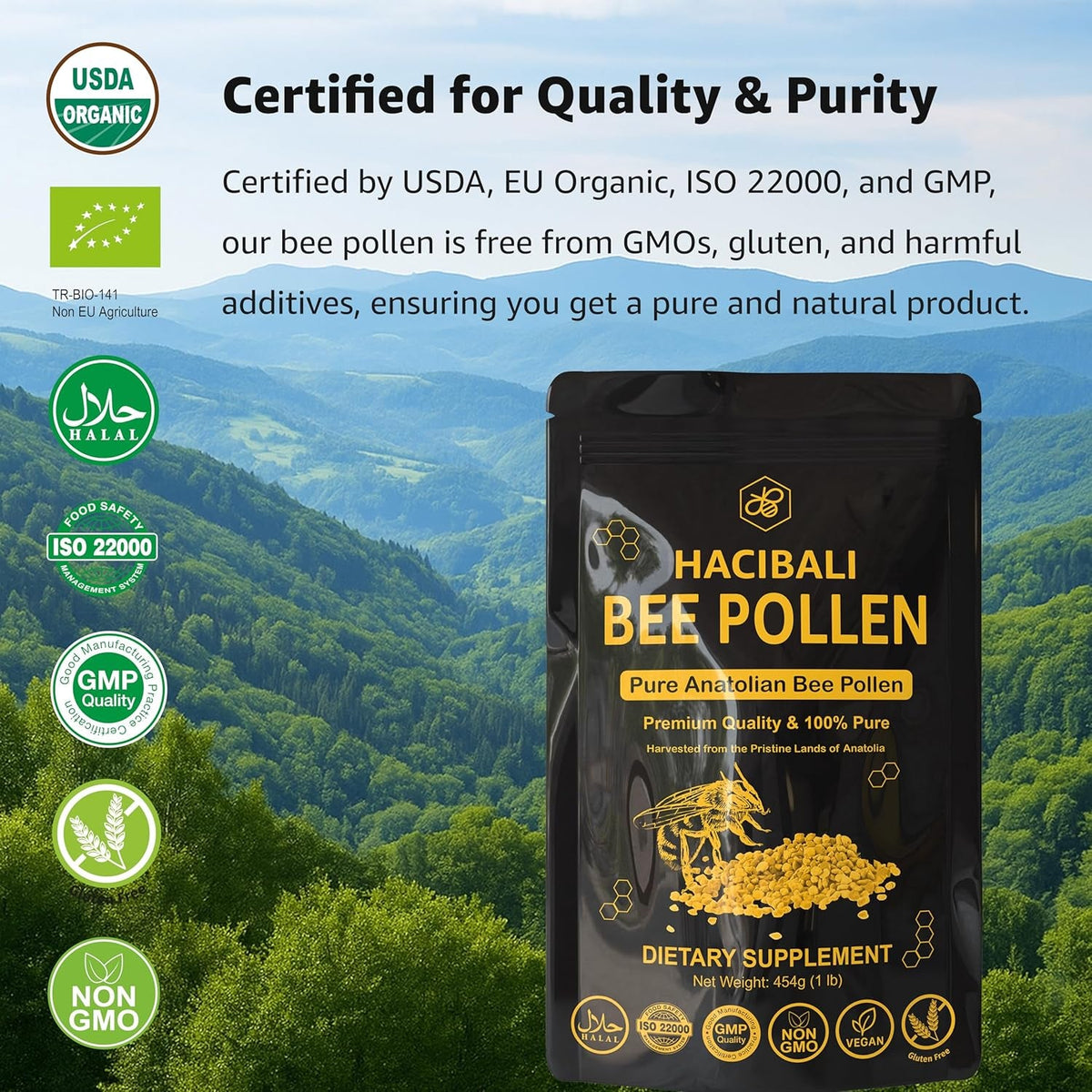 Organic Bee Pollen Granules – 1 Lb (454G) – Raw & Natural – EU & USDA Organic Certified – Halal, Kosher, GMP, ISO 22000 – Premium Anatolian Bee Pollen Superfood