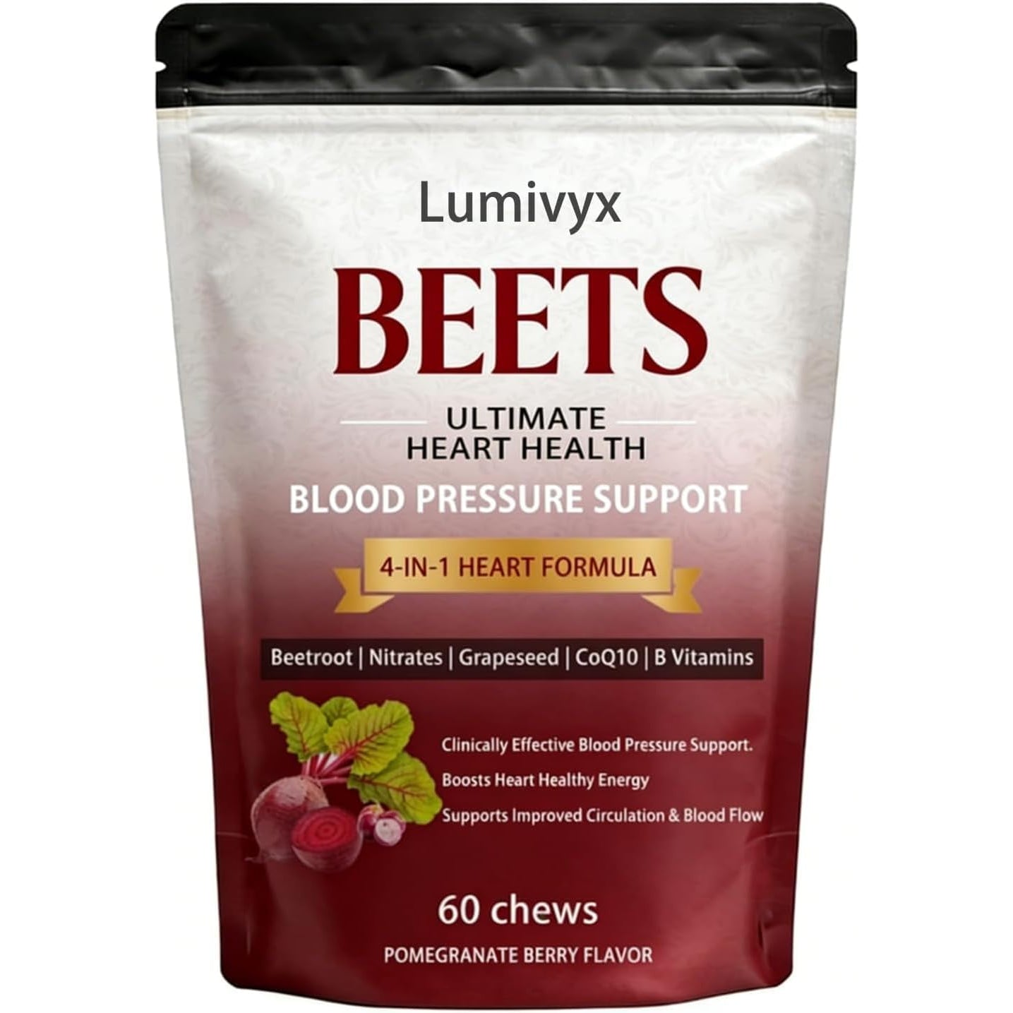 Beet Chews, Beets Chews the 3-In-1，With 500Mg Beetroot, 100Mg Coq10 & 150Mg Grape Seed Extract，60 Count