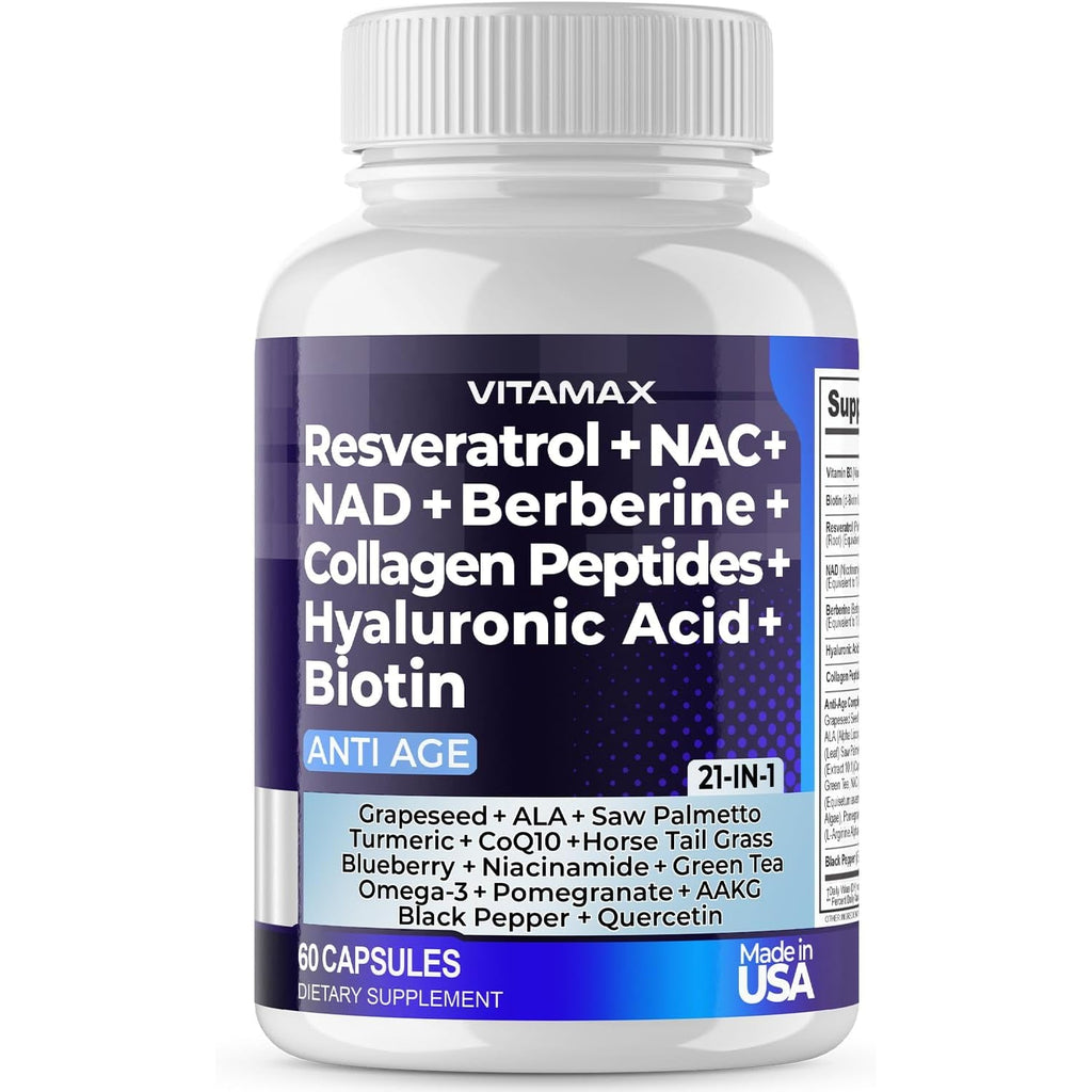 Resveratrol NAD+ Berberine Hyaluronic Acid - Biotin Grape & Blueberry + NAC - Collagen Peptides - Hair, Nail, Skin & Joint Supplement - 21-In-1 Women and Men - Made in USA (60 Count (Pack of 1)