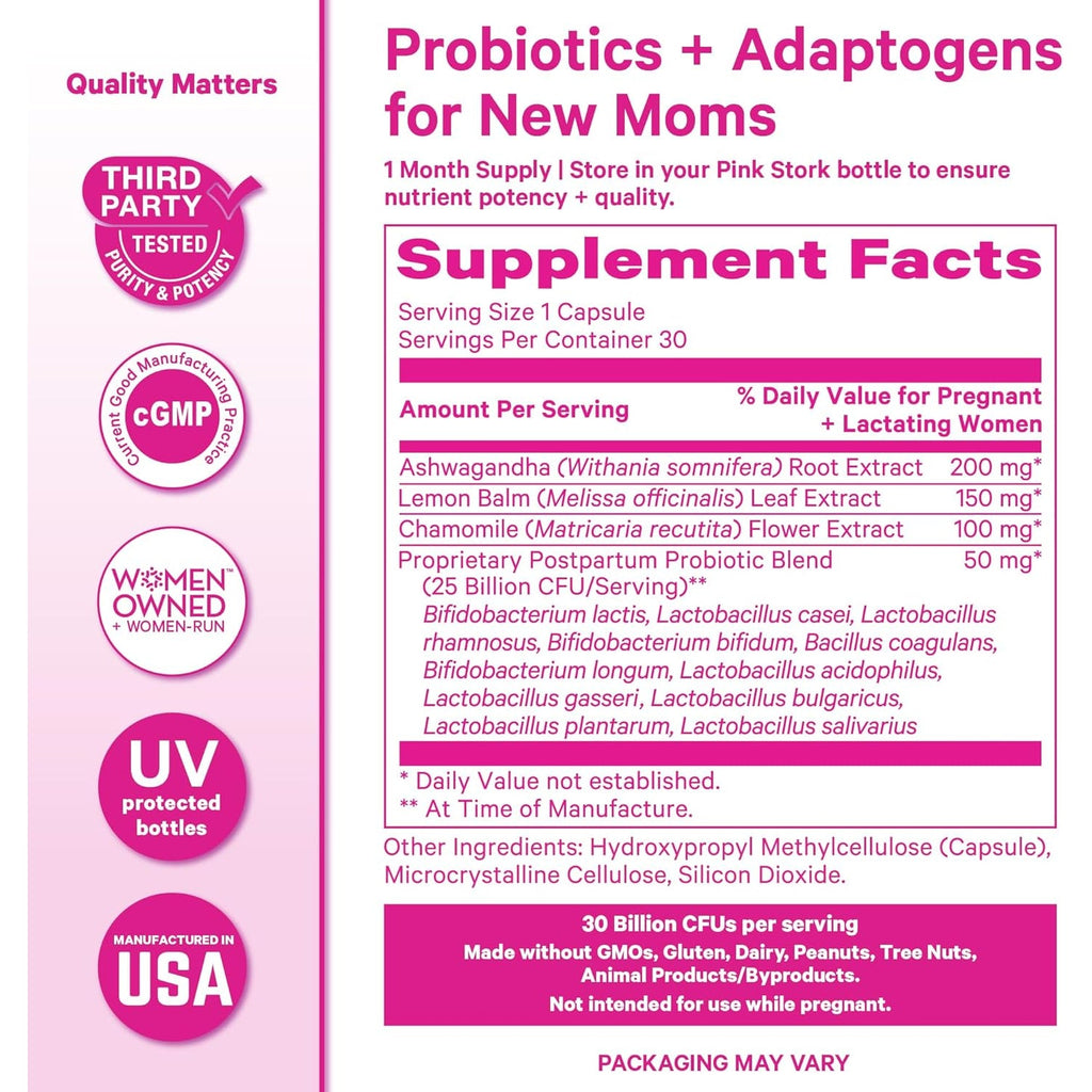 Pink Stork Probiotics for Postnatal Women - 30 Billion CFUS with Ashwagandha and Chamomile, Postpartum Essentials for Hormone Balance, Mood Support, Gut Health, Digestive Wellness, 30 Capsules