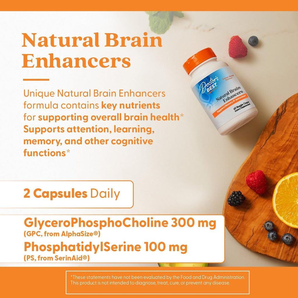 Doctor'S Best Natural Brain Enhancers - Brain Health Supplement for Memory and Focus Support, Phosphatidylserine, Alpha GPC, & Calcium Capsules for Men & Women, Gluten Free - 60 Ct Veg Caps