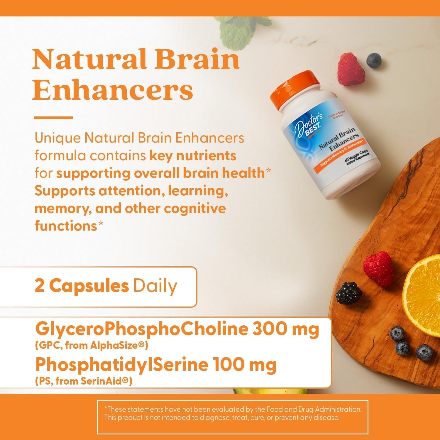 Doctor'S Best Natural Brain Enhancers - Brain Health Supplement for Memory and Focus Support, Phosphatidylserine, Alpha GPC, & Calcium Capsules for Men & Women, Gluten Free - 60 Ct Veg Caps