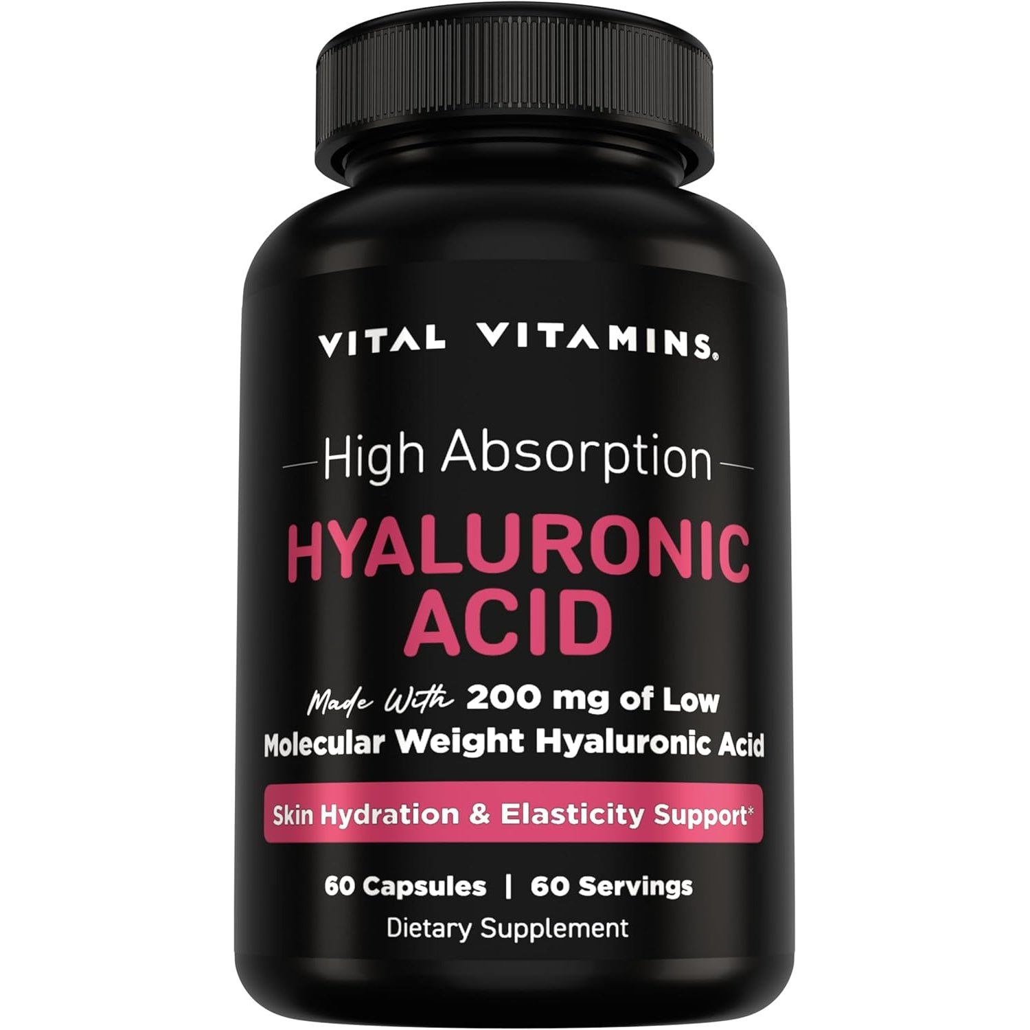 Vital Vitamins Hyaluronic Acid Supplements - Made with 200Mg of Low Molecular Weight Hyaluronic Acid - Supports Skin Hydration & Elasticity from within - 60 Capsules, 60 Servings