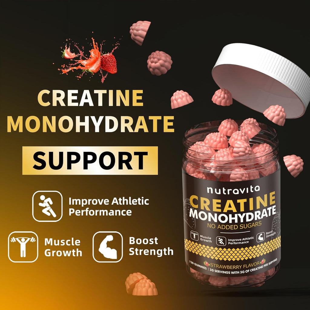 Nutravita NSF Certified Creatine Gummy - Creatine Monohydrate Gummies for Men & Women-5G of Creatine Monohydrate per Serving - Sugar Free,Vegan, Strawberry Flavor, 120 Count