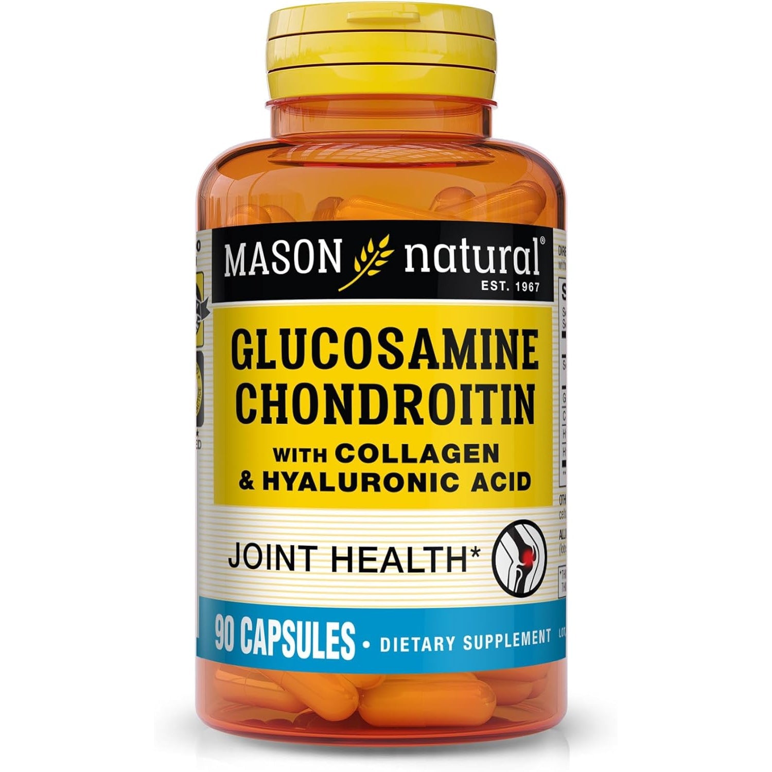 MASON NATURAL Glucosamine Chondroitin with Collagen & Hyaluronic Acid, 45-Day Supply Capsules for Normal Joint, Mobility, Flexibility, & Aging Support, 90 Capsules