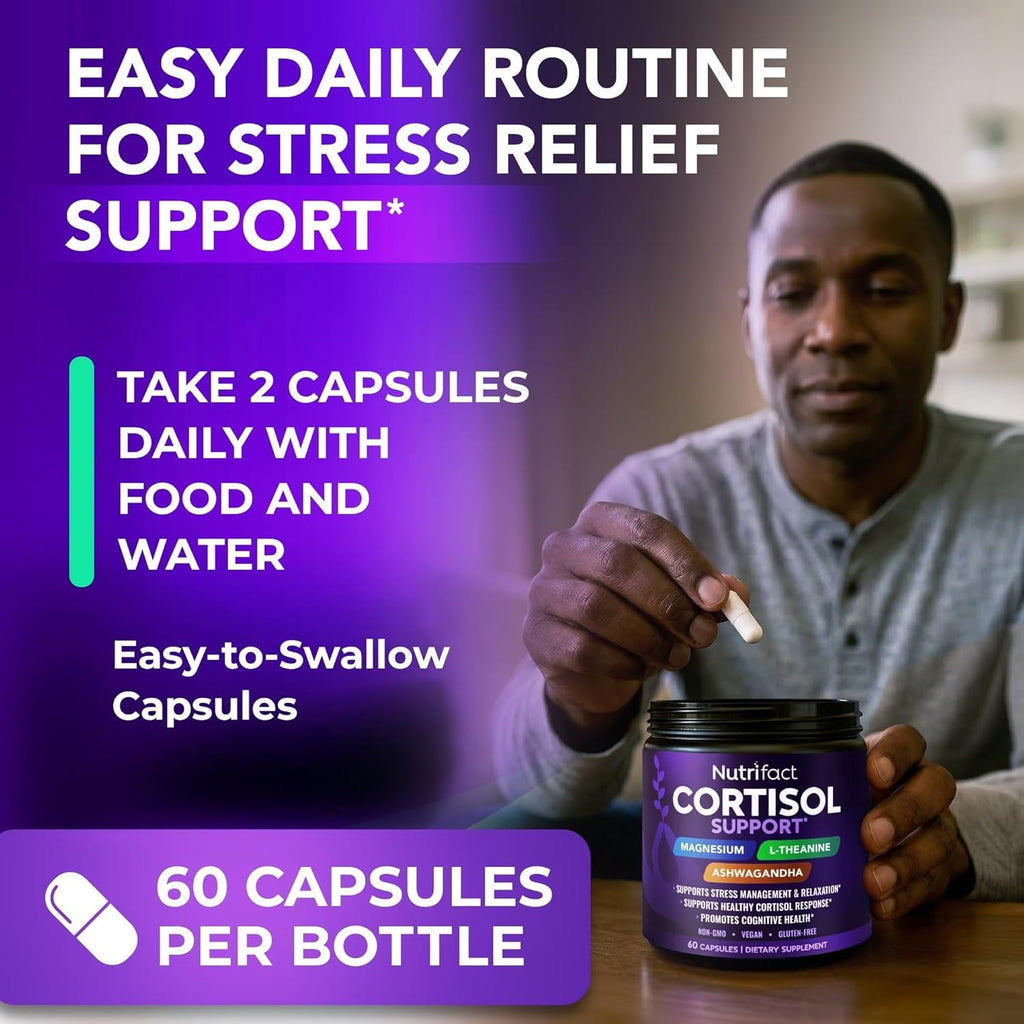 Cortisol Supplements for Women & Men – Cortisol Reducer with Ashwagandha, Magnesium, L-Theanine & Vitamin B Complex – Stress Relief, Vegan, Non-Gmo, Made in USA – 60 Capsules