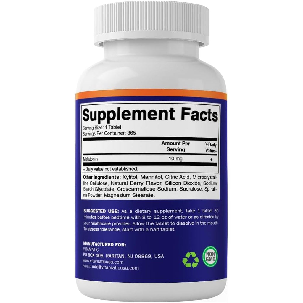 Vitamatic Melatonin 10 Mg Fast Dissolve Tablets – Quick-Dissolving Sleep Support Supplement for Adults – Vegetarian, Non-Gmo & Gluten-Free – Natural Berry Flavor – 365 Tablets