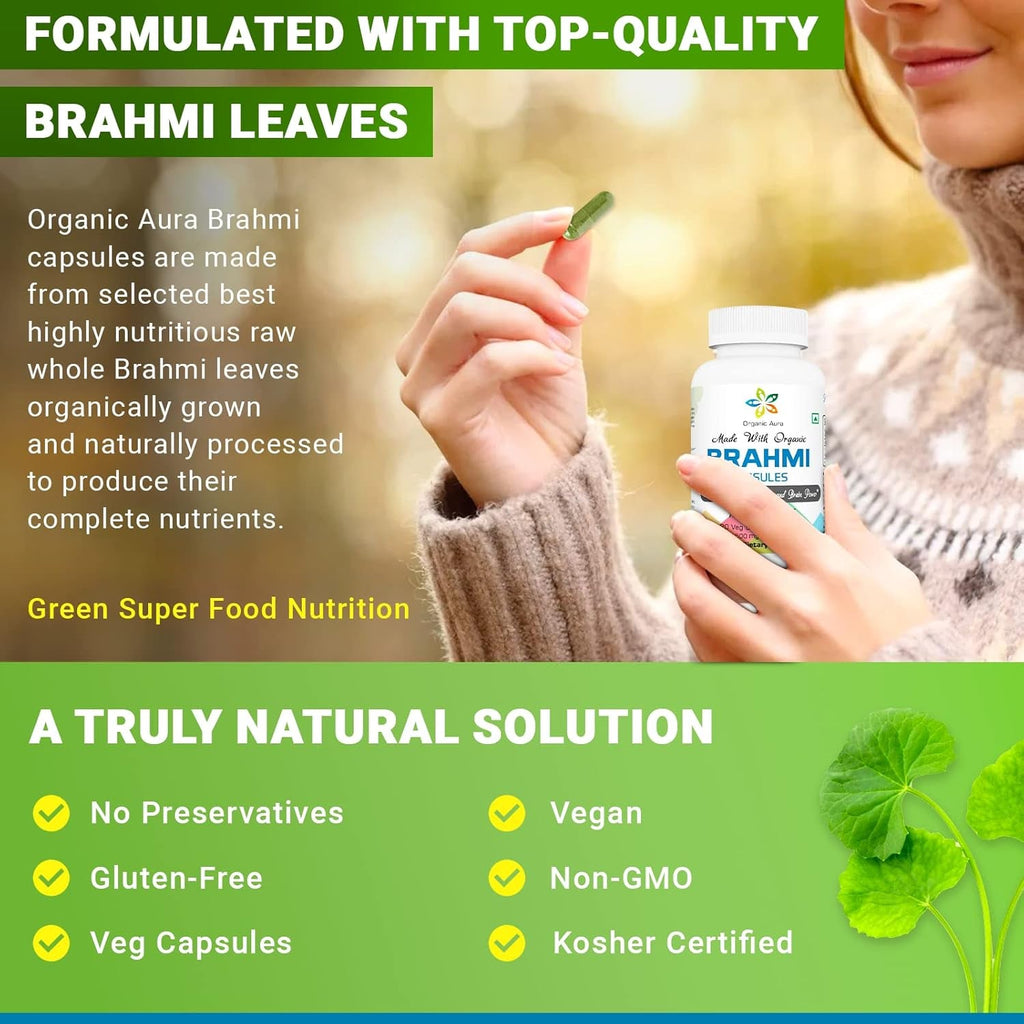 Organic Aura Brahmi Capsules -120 Count. Naturally Strengthens and Boosts Immunity and Memory. Whole Green Superfood. Non GMO - Gluten Free.