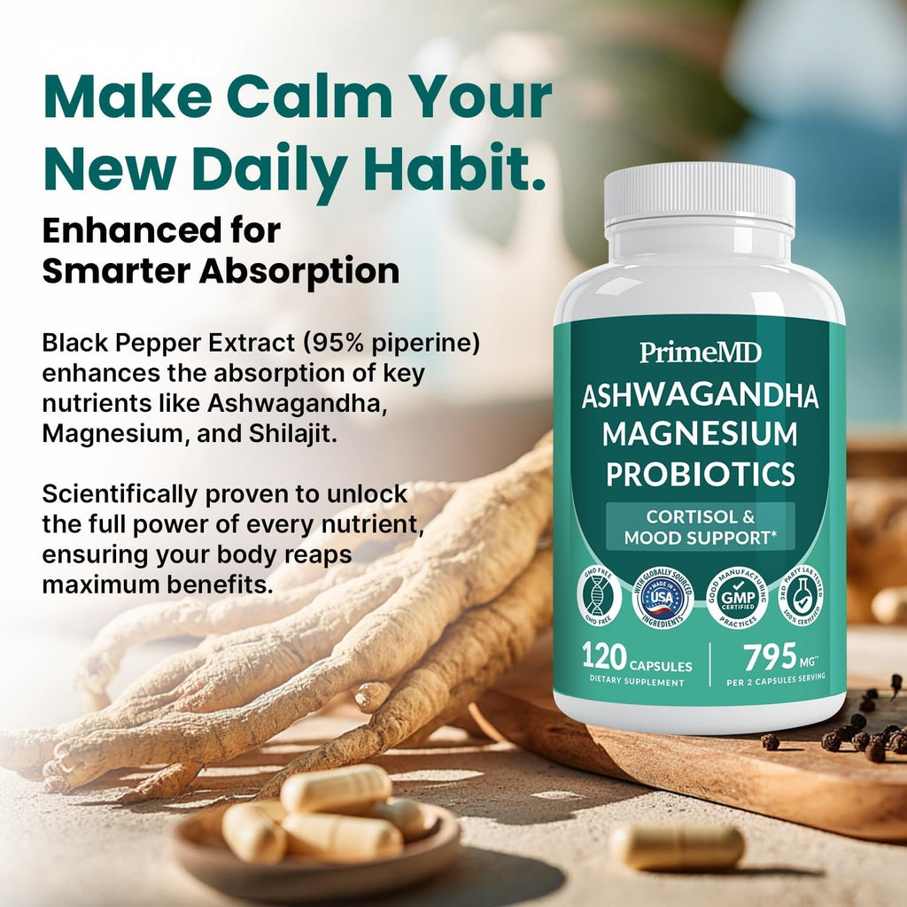 5-In-1 Cortisol Supplement for Women and Men with Ashwagandha for Calmness, Focus, and Adrenal Support Supplements with Shilajit Extract, Magnesium Glycinate, Probiotics (120 Ct) (Pack of 1)
